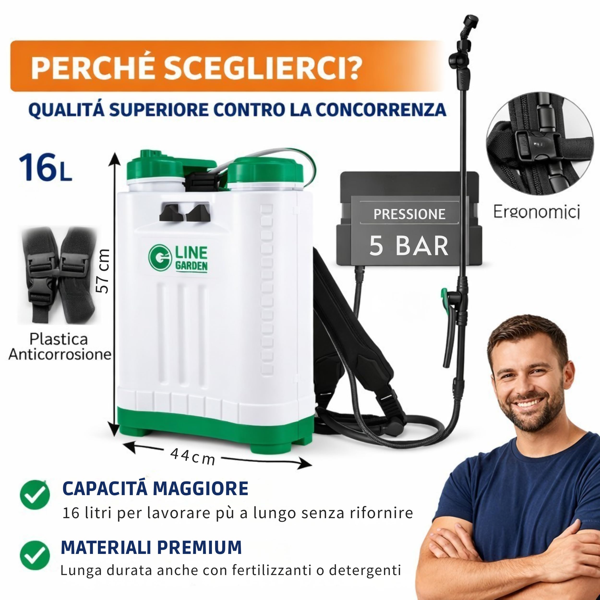 Spruzzatore a Pressione 16 Litri - PROFESSIONALE e Plastica RESISTENTE - Sprayer Manuale con Guarnizione VITON - Stantuffo Autoriempiente - Pompa per Diserbante per Giardino, Disinfestazione, Pulizia