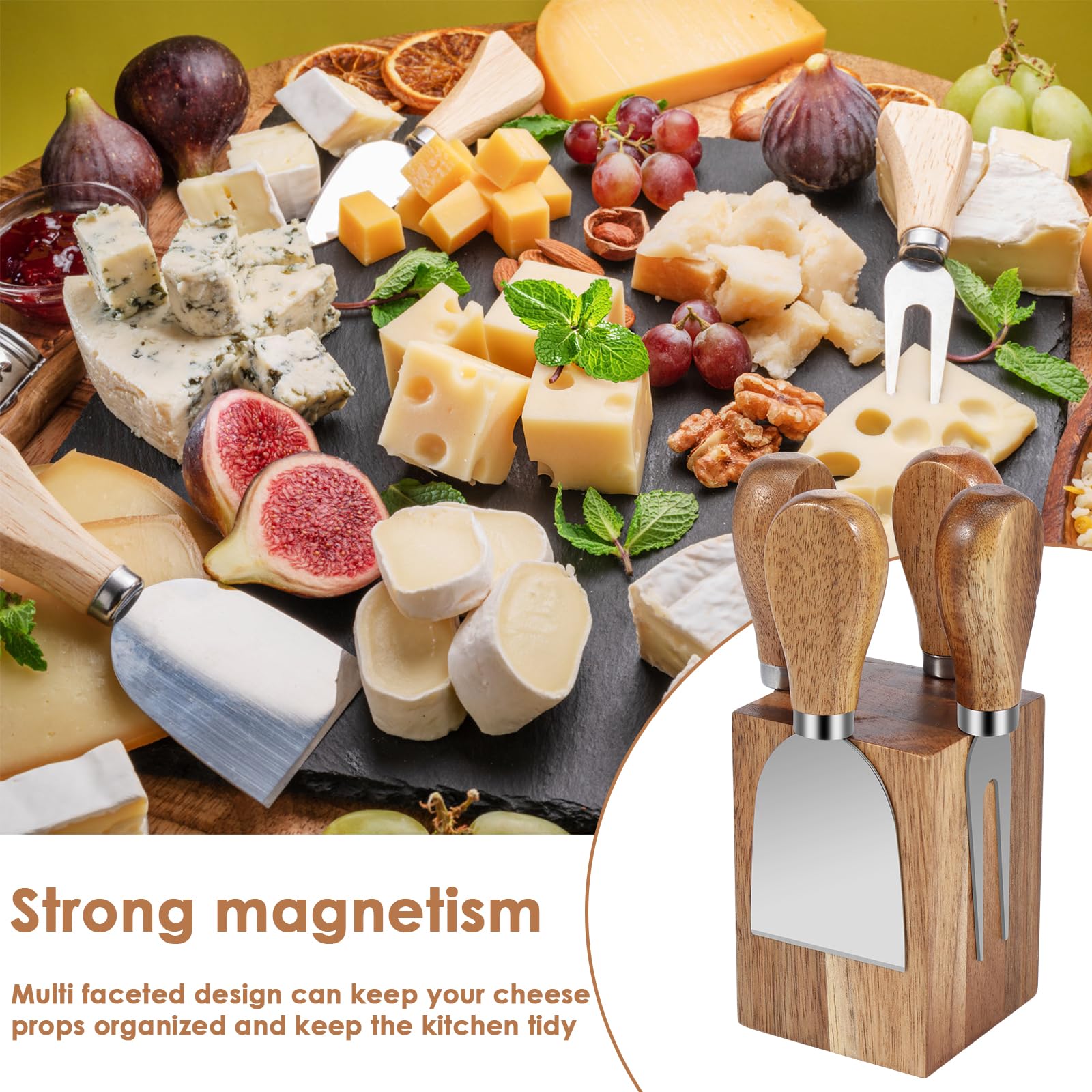 Cheese Cutter Set 4 Stainless Steel Cheese Cutter Utensils with 1 Magnetic Acacia Wood Holder Charcuterie Board Accessories with Cheese Spatula Fork Stright Cutter Triangle Cutter for Cream Cheese ?