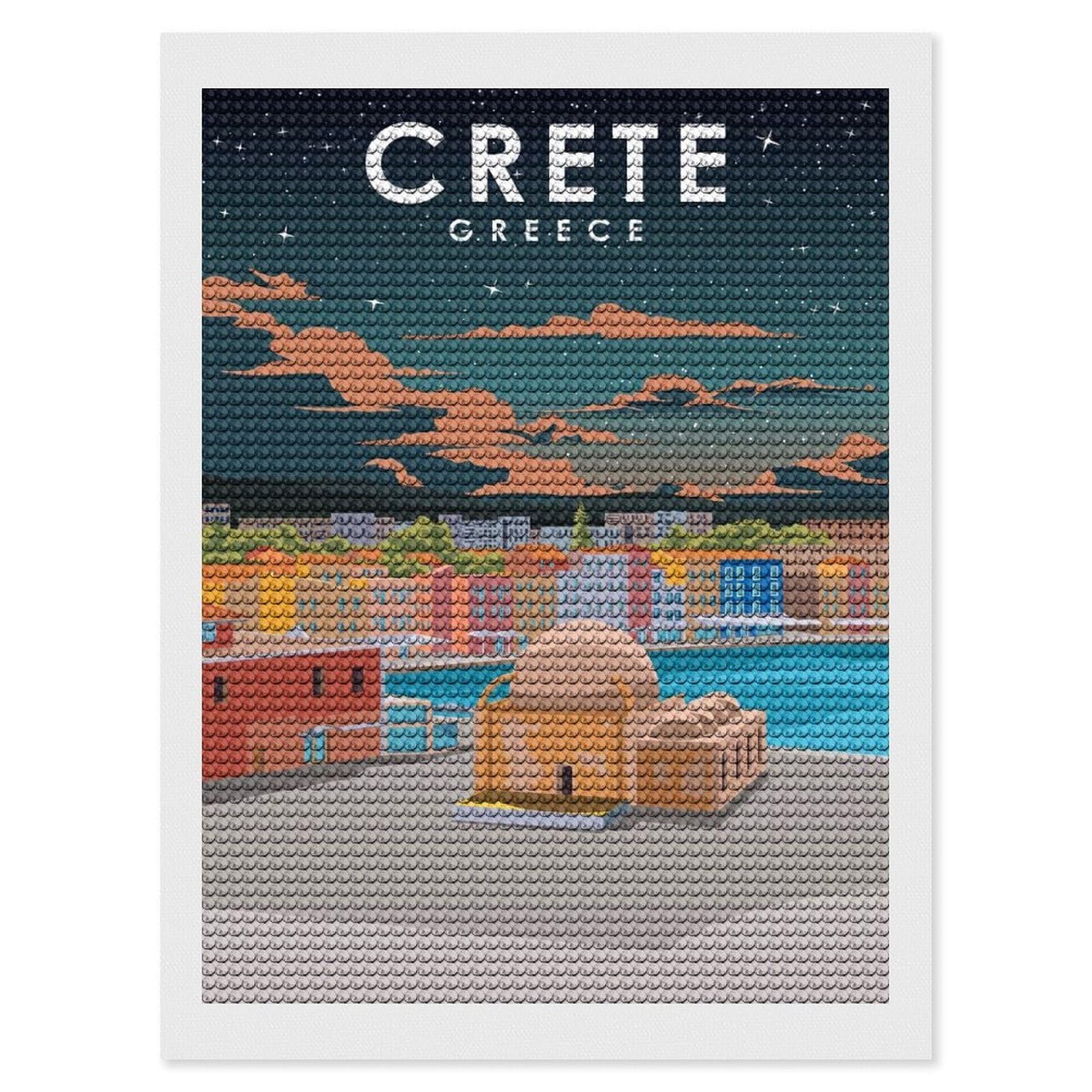 Junmoney Crete Greece Travel Art DIY Diamond Art Canvas Kit 12"x16", for Teens, Finish and Display, Holiday Gift Idea, Vintage Style Decor