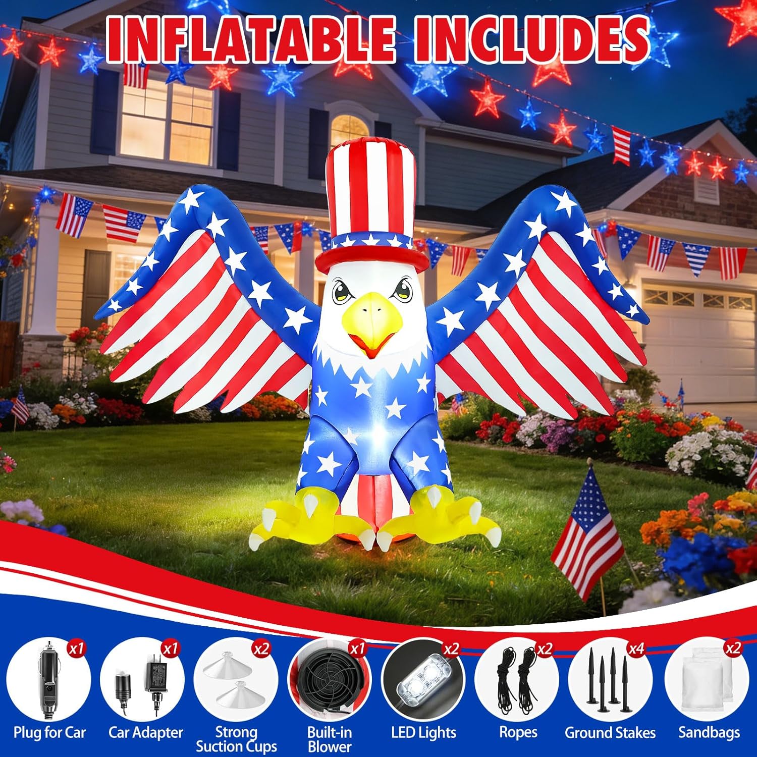 4th of July Inflatable Eagle Car Decorations 6FT Bald Eagle Blow up Patriotic Inflatables Outdoor Decoration with LED Lights Memorial Independence Day Parade Car Decor for Party Yard Garden
