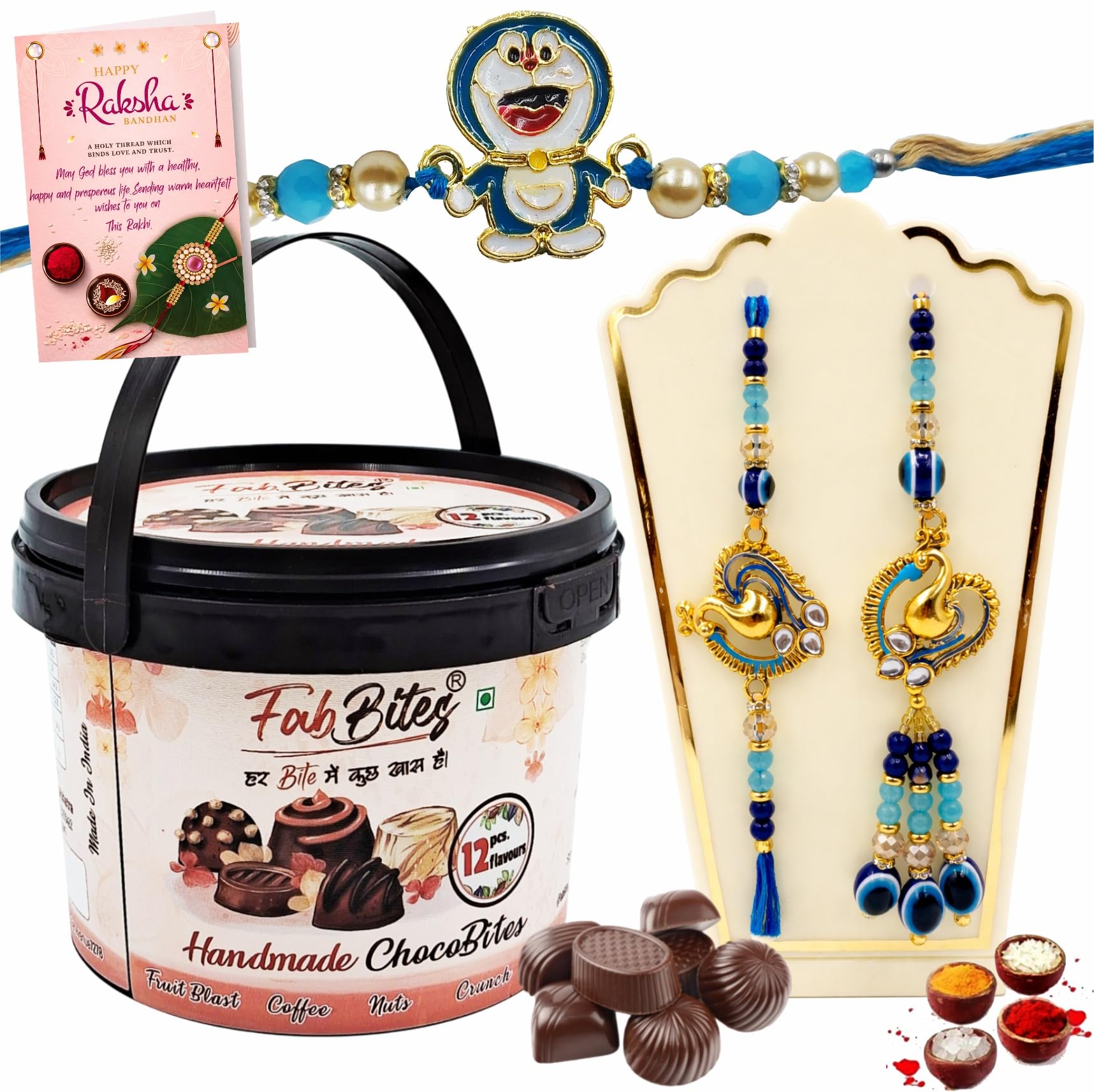 Rakhi for Bhaiya Bhabhi and Kids with Chocolate Gift Hamper-12 Variey Chocolates for Brother n Sister in Law Lumba for Bhabhi, Designer Set for Bhai with Cartoon Rakhi for Kids-image-25