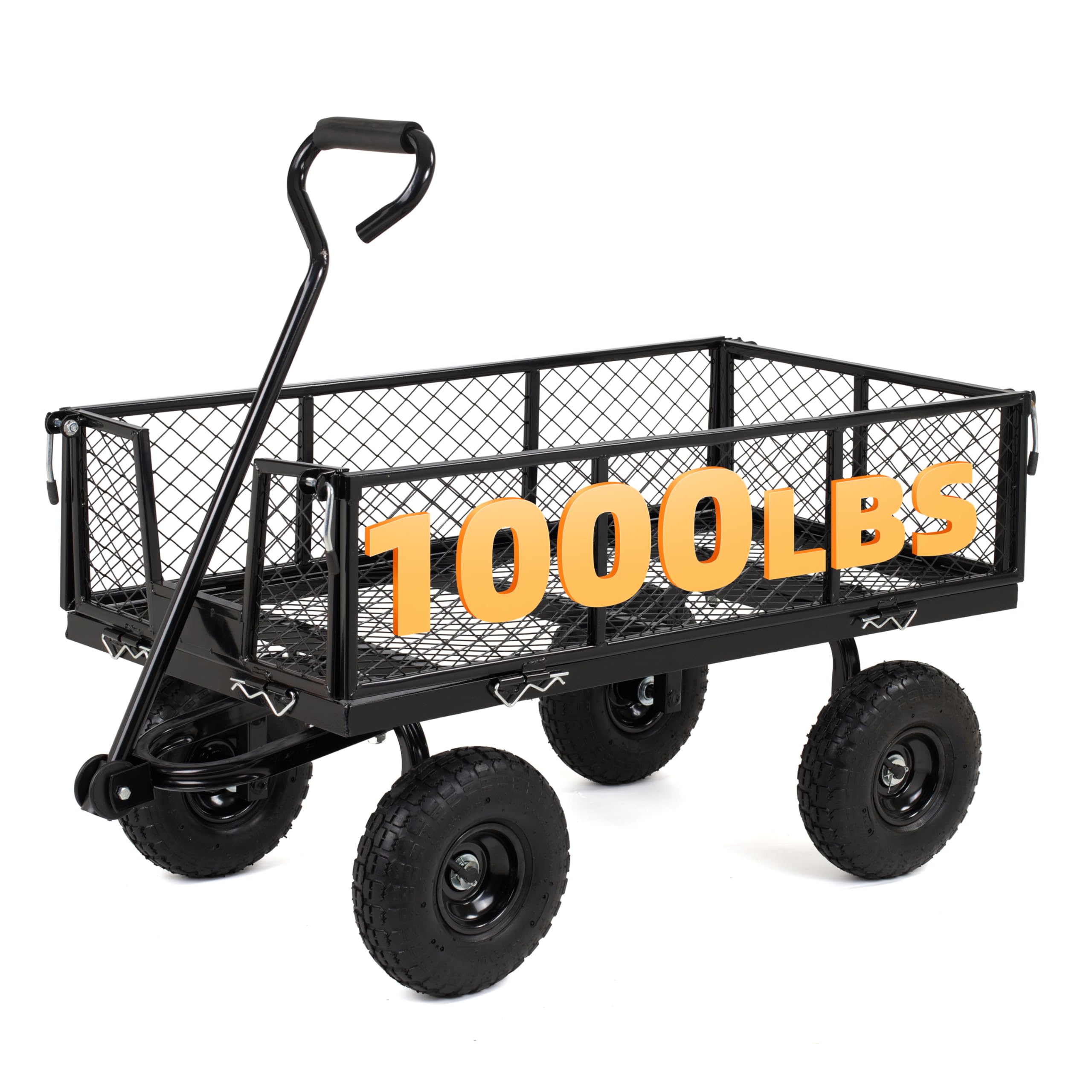 Finnhomy Heavy Duty 1000 Lbs Capacity Mesh Steel Garden Cart, Pullable Garden Wagons Carts on Wheels, Folding Utility Wagon with Removable Sides for Outdoor, Yard, Lawn, Black