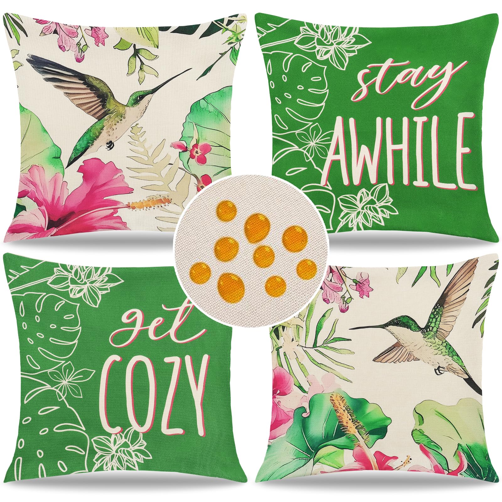 ASTNIC Outdoor wasserdichte Kissenbezüge 45 x 45cm Set mit 4 Kissenbezügen mit Geranienblütenkolibri Bedruckt Bauernhaus Boho Dekorative Kissenbezüge für Terrassencouch Gartenbalkon (Grün)