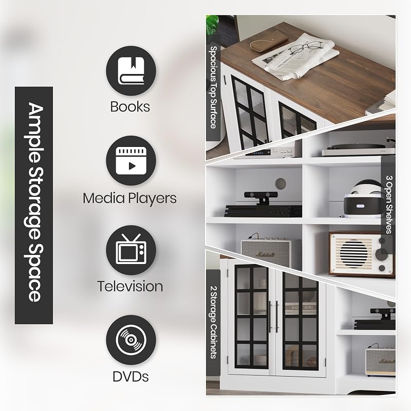 Mekminop 94.5 inch TV Stand for TVs up to 100", Entertainment Center Console Table with Closed Storage Cabinet and 3-Tier Open Shelves, Farmhouse TV Console for Living Room, White image 4