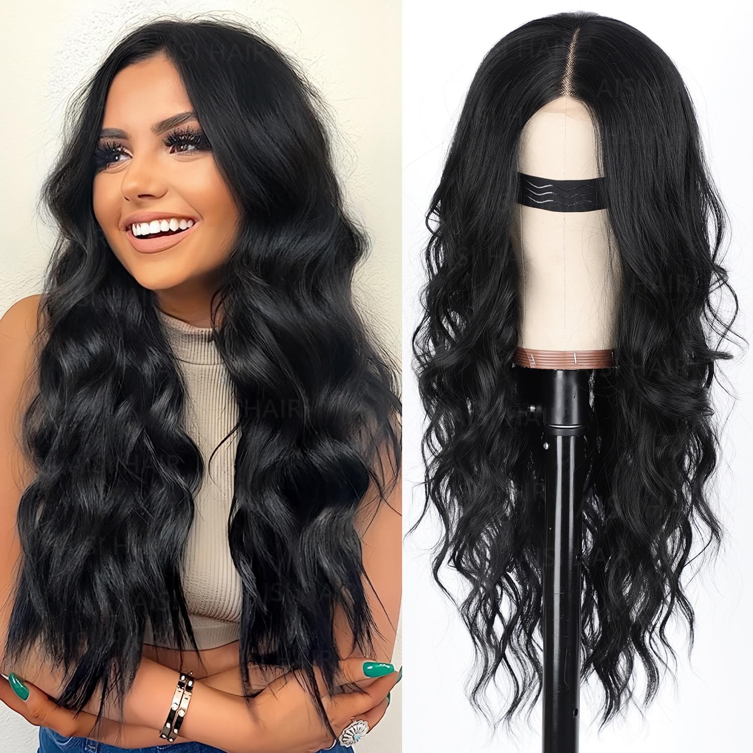 Photo 1 of AISI HAIR Black Wig for Women, Long Wavy Lace Hairline Middle Part Synthetic Heat Resistant Wig for Daily Party-26 Inch