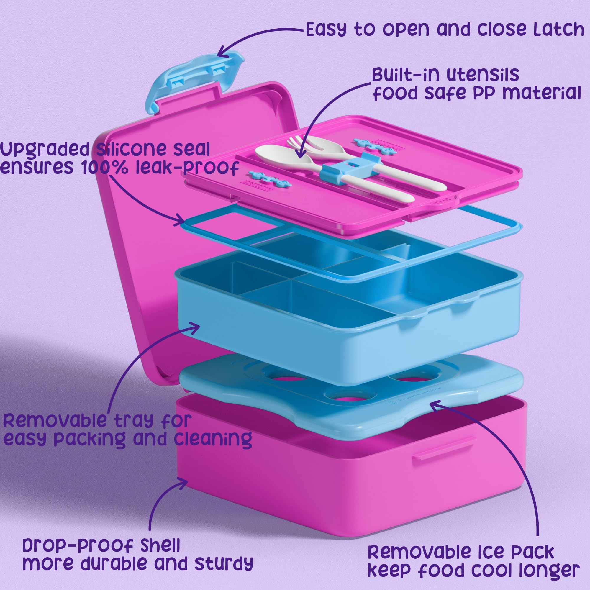 Fimibuke Chill Bento - Lonchera para niños y adultos, a prueba de fugas, con bolsa de hielo, mantiene la comida fría, contenedor de almuerzo de 4 compartimentos sin BPA con utensilios para niñas y