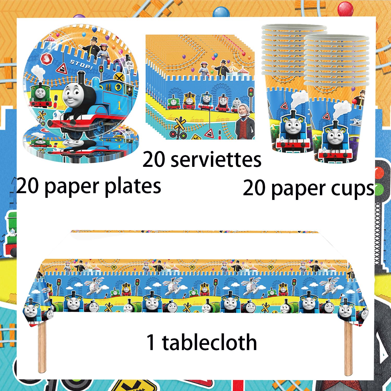 Set di 61 stoviglie Thomas per feste di compleanno per bambini, compresi piatti di carta, bicchieri, tovaglioli e tovaglie, adatte per 20 compleanni per bambini