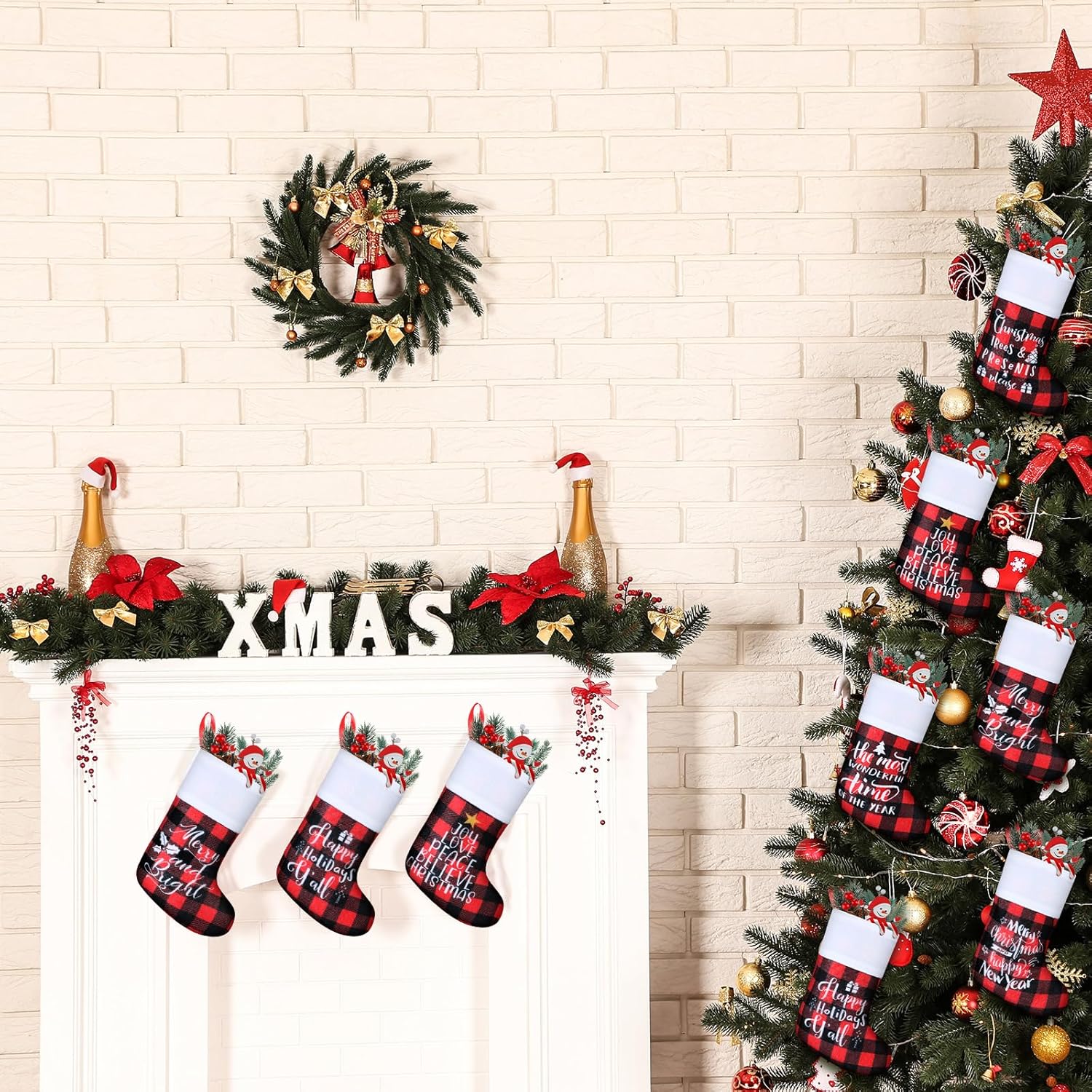 Skylety 24 Pcs Small Christmas Stockings Bulk 9" Mini Red and Black Buffalo Plaid Xmas Stocking Plush Cuff Xmas Tree Hanging Ornaments for Holiday Mantel Door Window Home Decorations