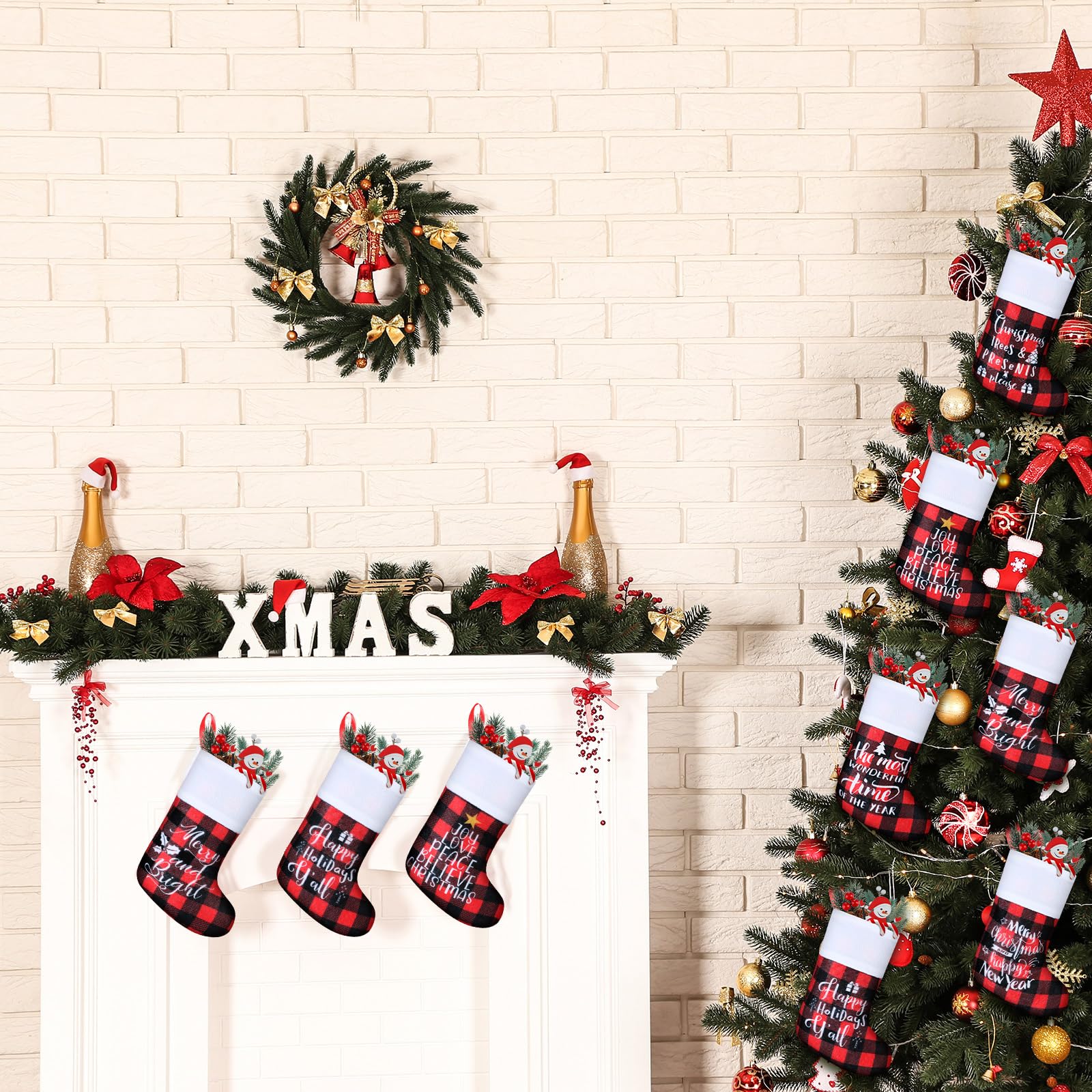 Skylety Chaussettes de Noël classiques en vrac avec revers en peluche pour décoration de fête de Noël (rouge et noir, mot)