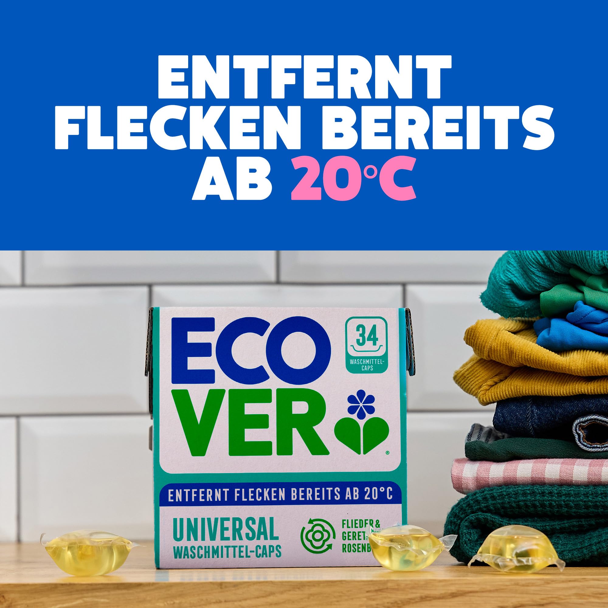 Ecover Bio kapsułki do prania – kapsułki do prania/tabletki – detergent do prania z czystym i świeżym zapachem bzu i uratowanej róży, 1 x opakowanie 34 kapsułek/tabletek