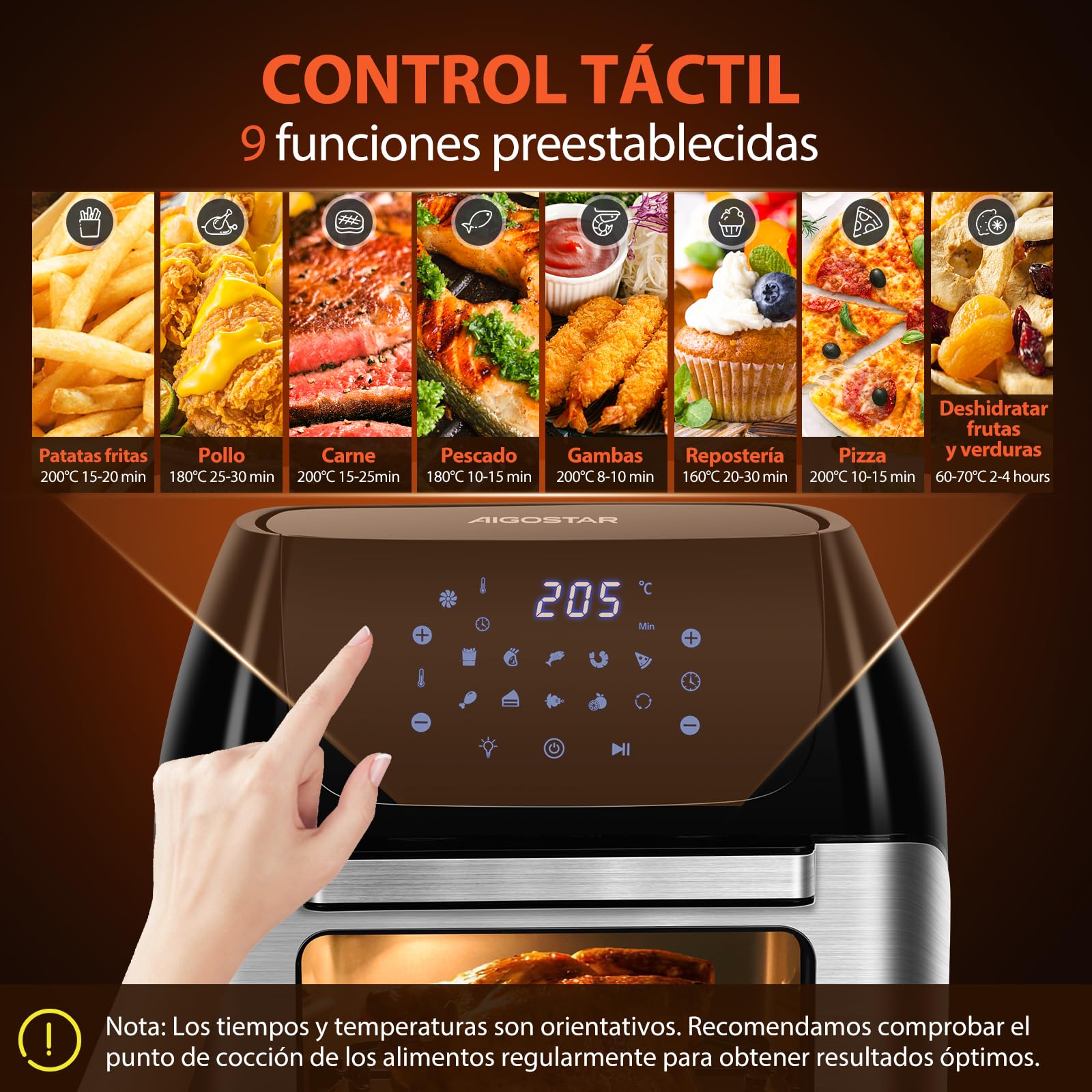 Aigostar Freidora Aire 12L con Sistema giratorio, Horno de Aire 1500W, 9 Programas y Pantalla LED Táctil, Air Fryer de Acero Inoxidable con Ventana Visualización, Accesorios Incluidos, Deshidratador