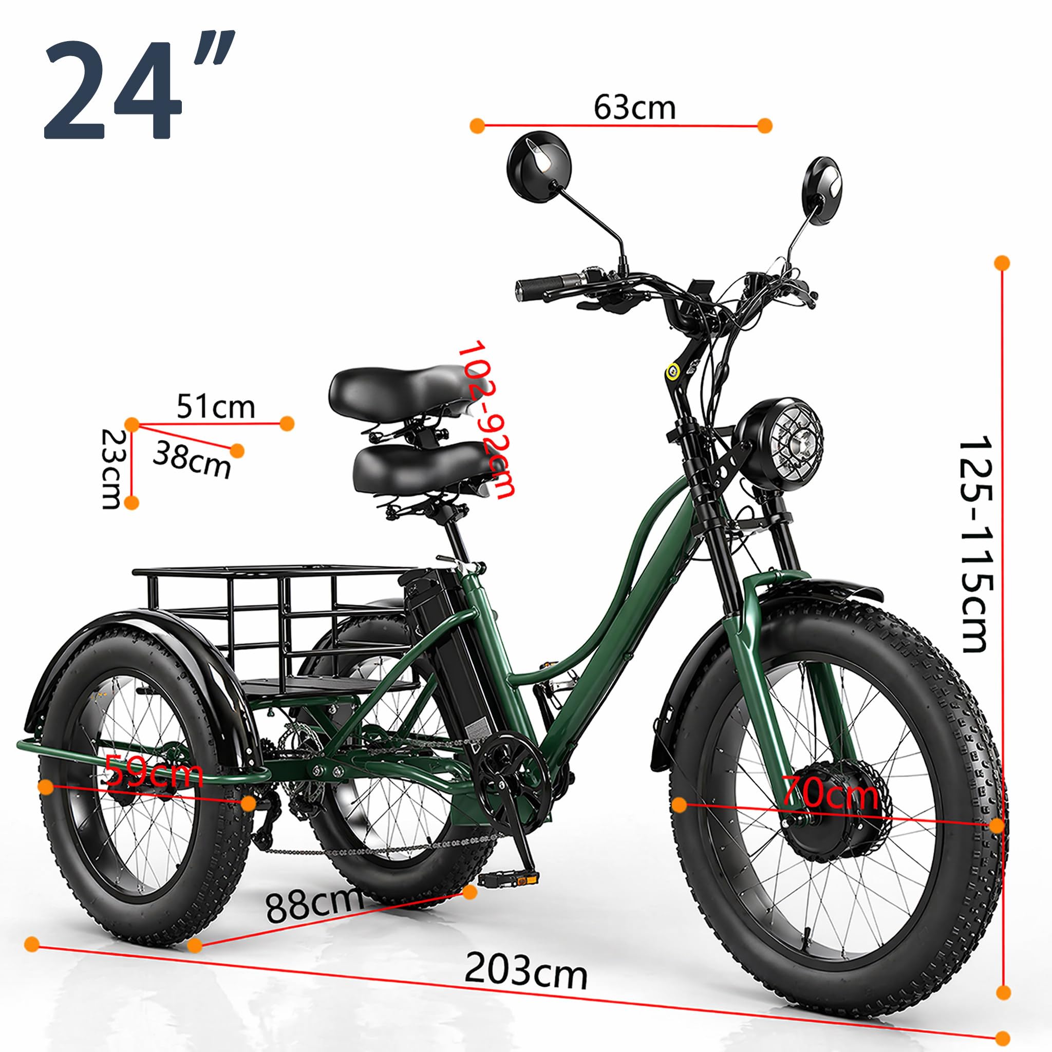 Vélo Électrique Tricycle Adulte, 24 Pouces Fat Bike, 7 Vitesses avec Panier Arrière, Moteur sans Balais, Grand Cadre Stable pour Déplacements Achats et Sorties en Plein Air Black