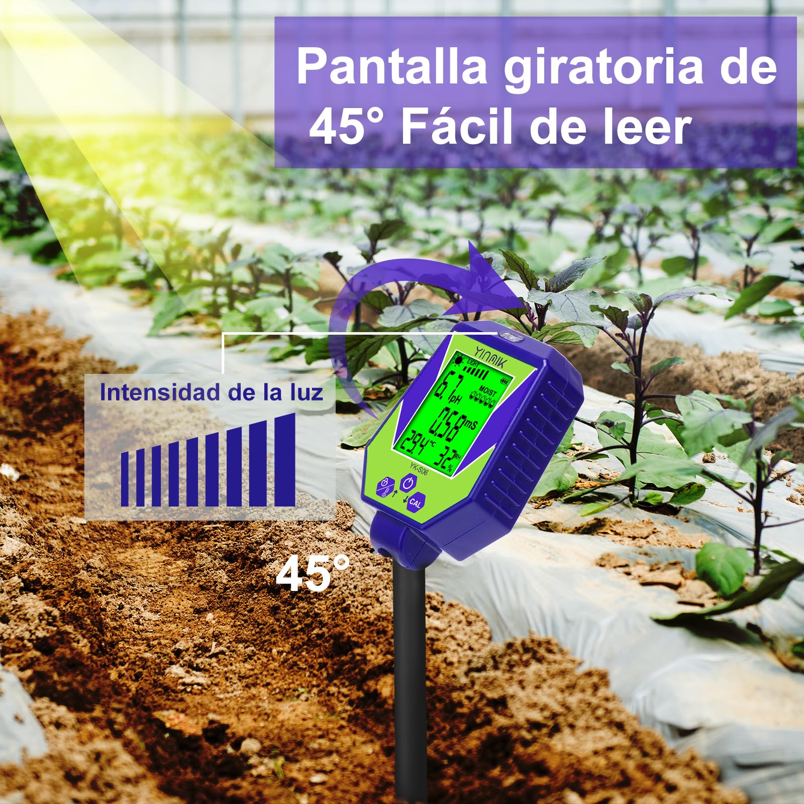 YINMIK Medidor de pH del suelo 6 en 1, medidor inteligente de humedad, conductividad y salinidad, y analizador de calidad del agua. Kit de prueba de pH del suelo ideal para jardines, granjas y bonsáis