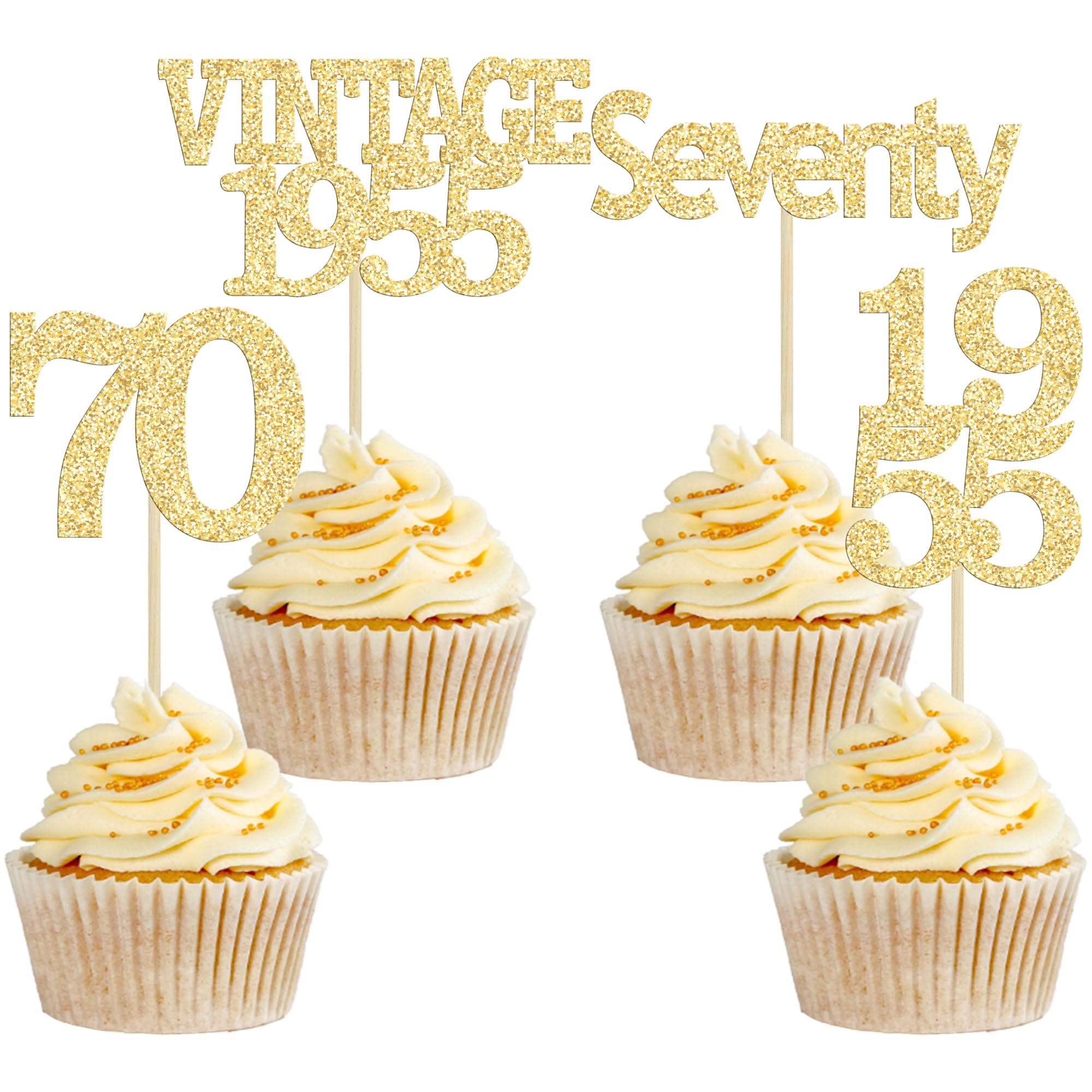 Gyufise 24Pcs 70th Birthday Cupcake Toppers Glitter Cheers to 70 Fabulous Seventy Vintage 1955 Cupcake Picks 70th Birthday Wedding Anniversary Party