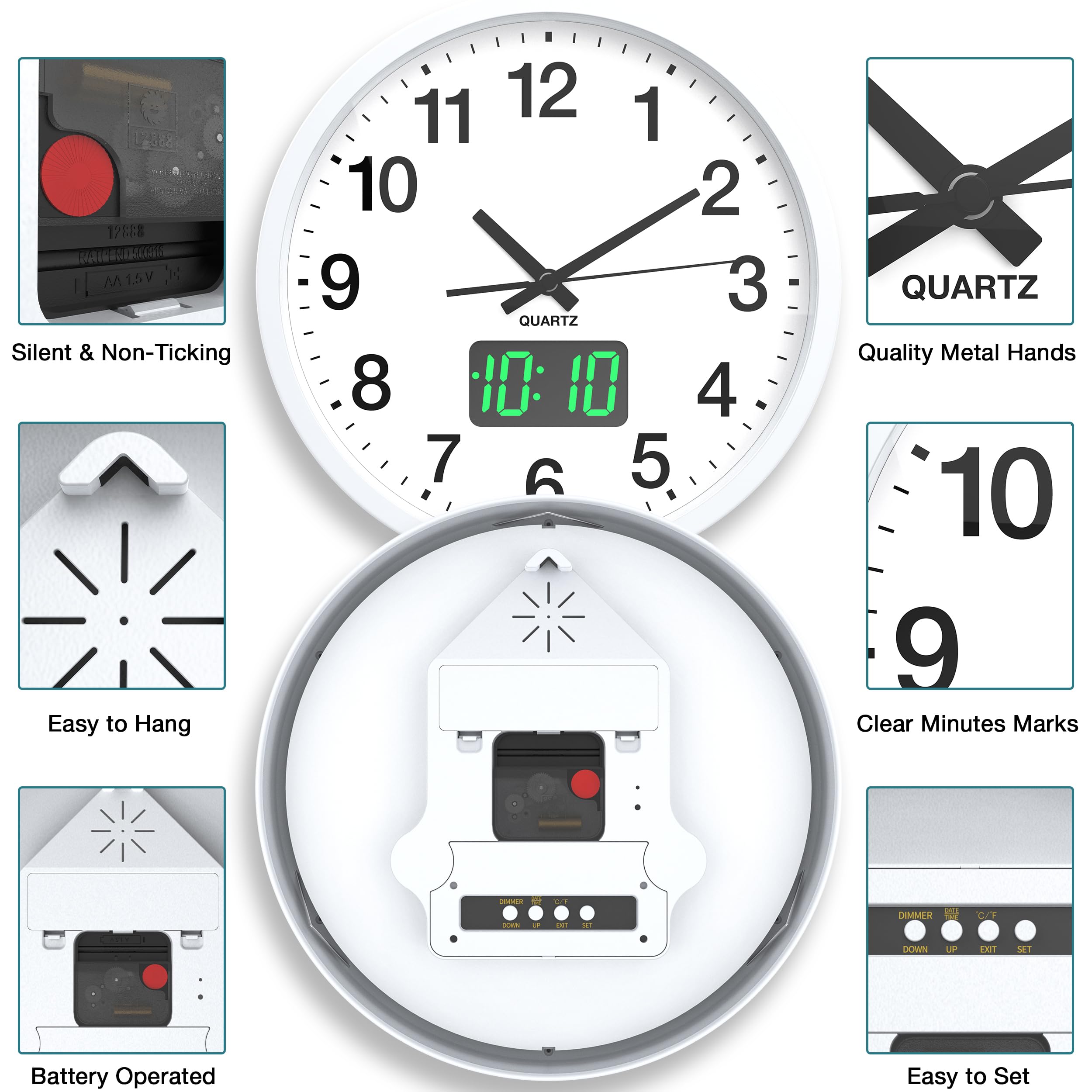 Relojes de pared pequeños modernos, sensor de luz/pantalla LED de hora/pantalla LCD de hora, fecha y temperatura, funciona con pilas, reloj de pared silencioso sin tictac, analógico clásico para