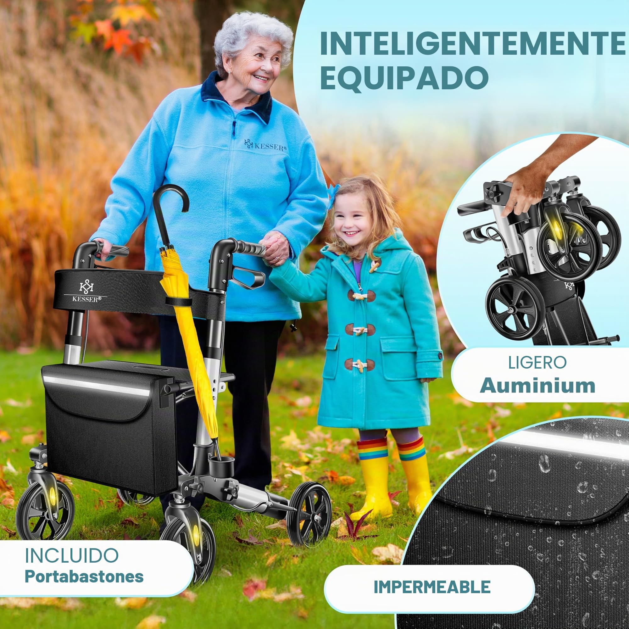 KESSER® Andador plegable con asiento y respaldo, 4 Ruedas/Frenos/Saco de Compra y Porta Bastón, Altura Ajustable 82-94cm, Andador, Carro, Rollator para Ancianos