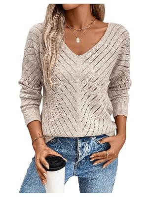Womens Hollow Out Pullover Sweaters Vintage Lightweight V Neck Long Sleeve Loose Fit Fall Knit Tops