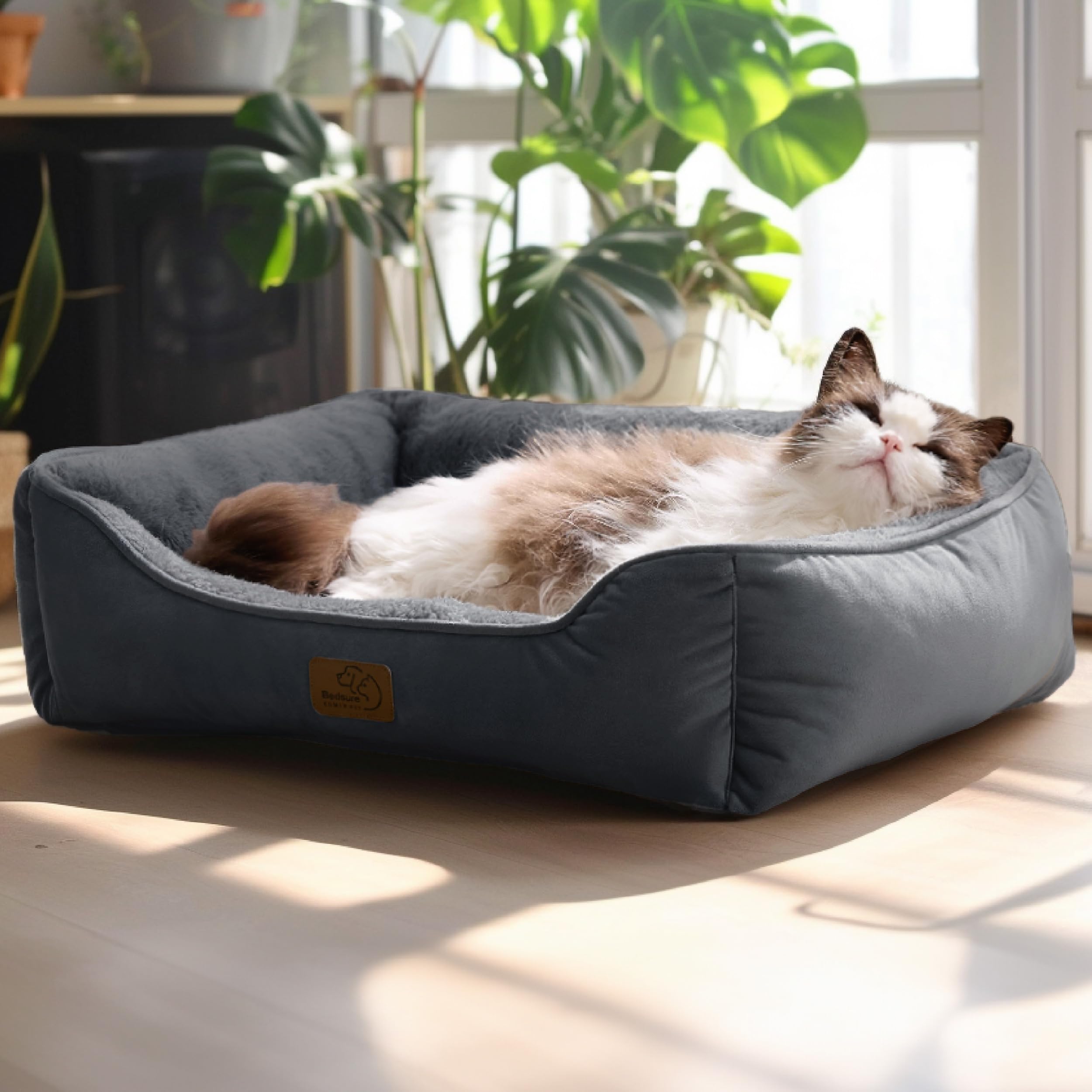 Bedsure Cama para Perros Gato Cama Rectangular Lavable, 51x41 cm | Rectangular Lavable para Perros Pequeños y Mascotas con Base Antideslizante para Gatitos y Cachorros, Gris Oscuro