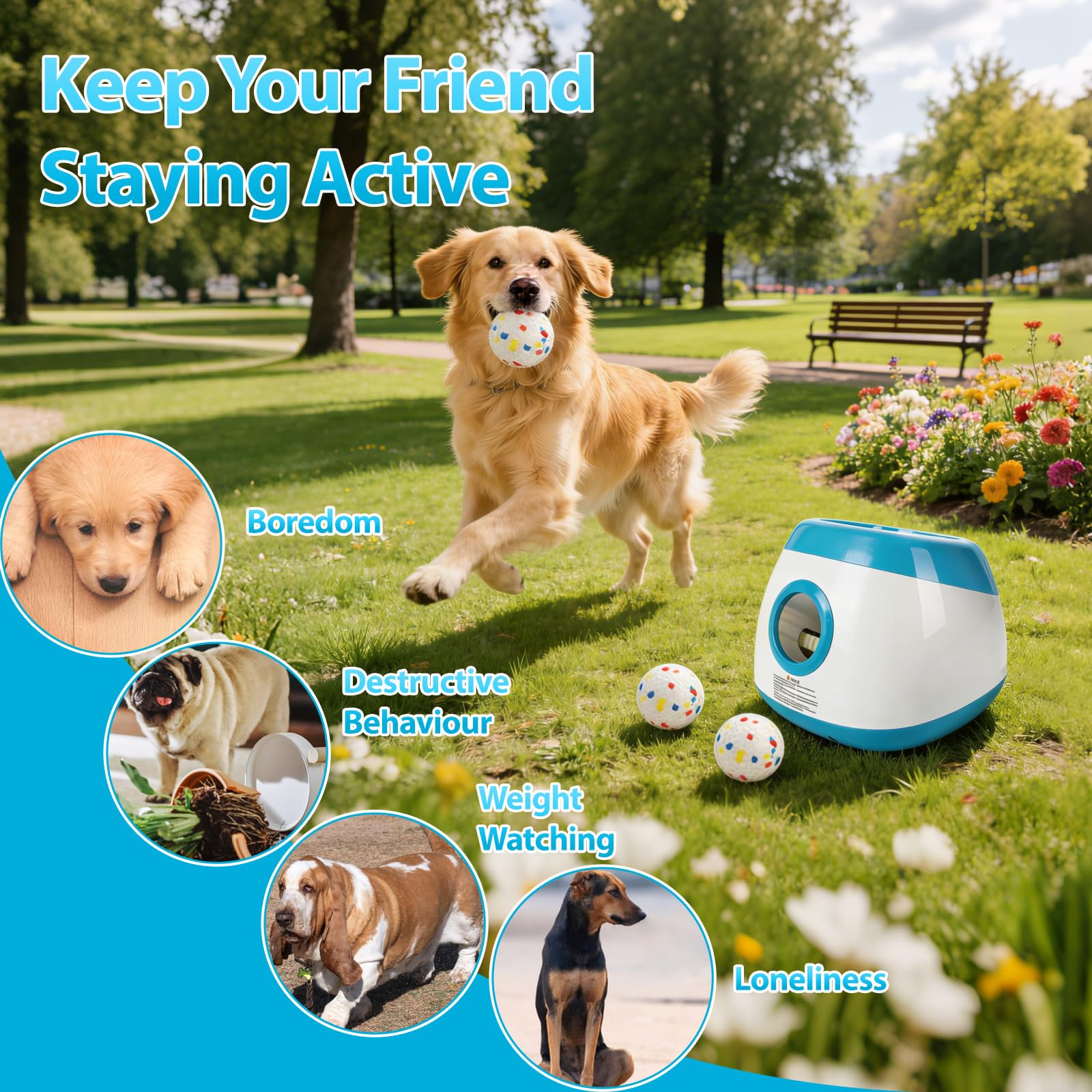 CDIYTOOL Lanceur de balles automatique pour chien, rechargeable sans fil, machine de lancement de balles interactif pour grands chiens, 3 réglages de distance avec télécommande, 3 balles