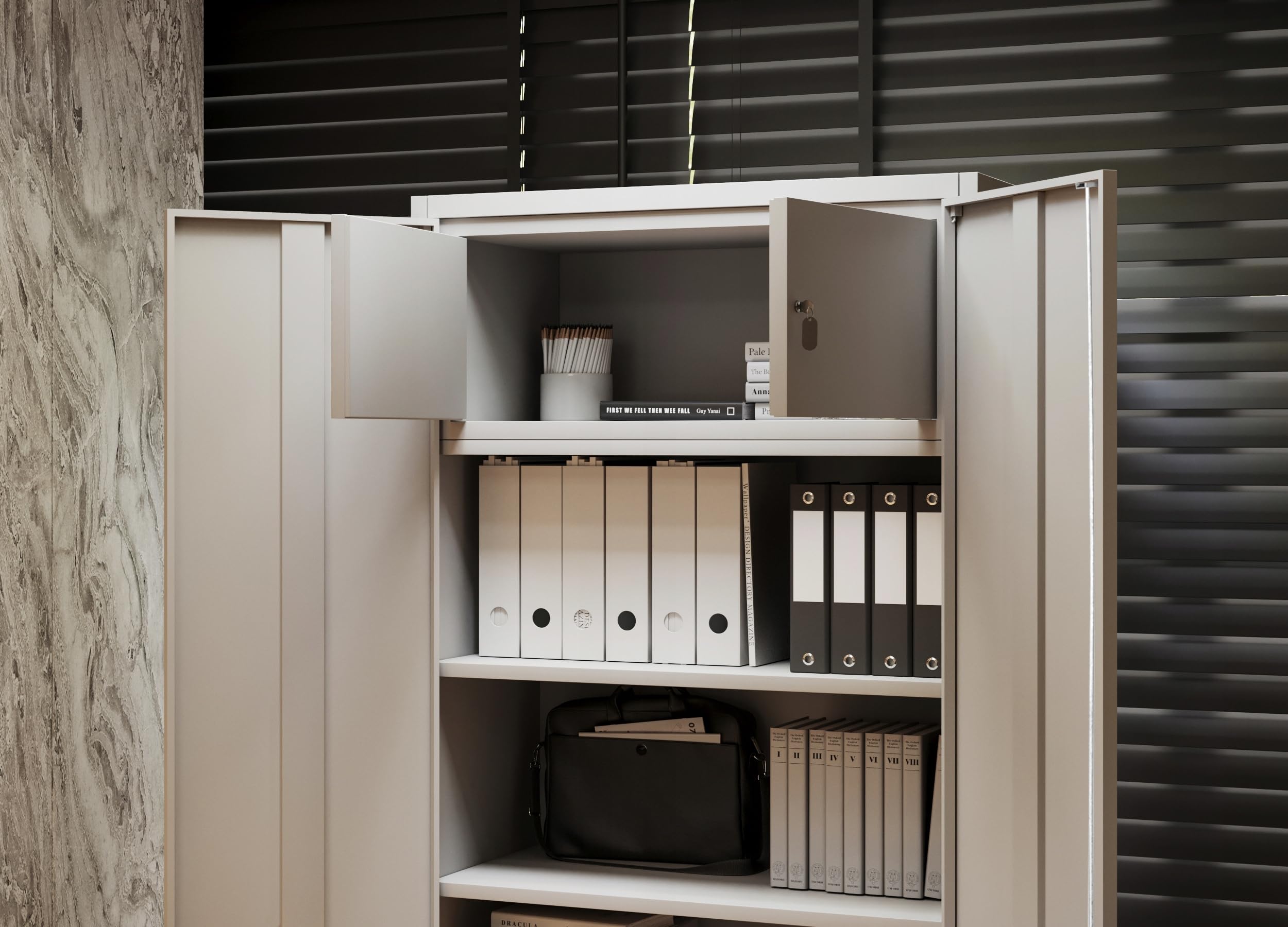 Jan Nowak Armoire de Bureau Métallique C001D avec Compartiment Secret Tôle d'acier Revêtement en Poudre 185 cm x 90 cm x 45 cm (Blanc)