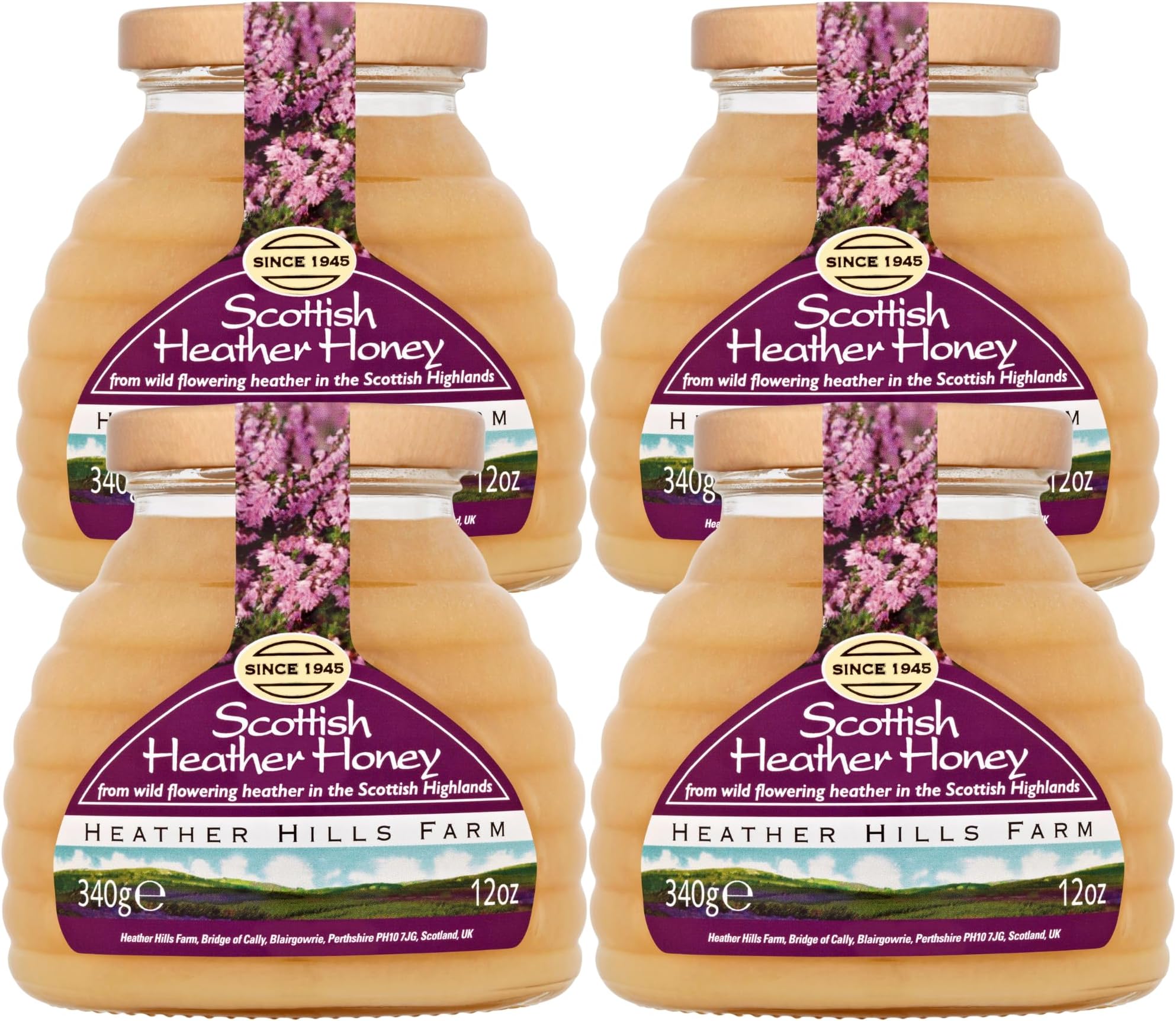 Heather Hills Farm Raw Scottish Heather Honey Jar 12 Oz (Pack of 4) - Highland Wild-flowering Purple Ling Heather Artisanal Pure Natural Honey, Traditional British Food Gift & Spread, Made in Scotland