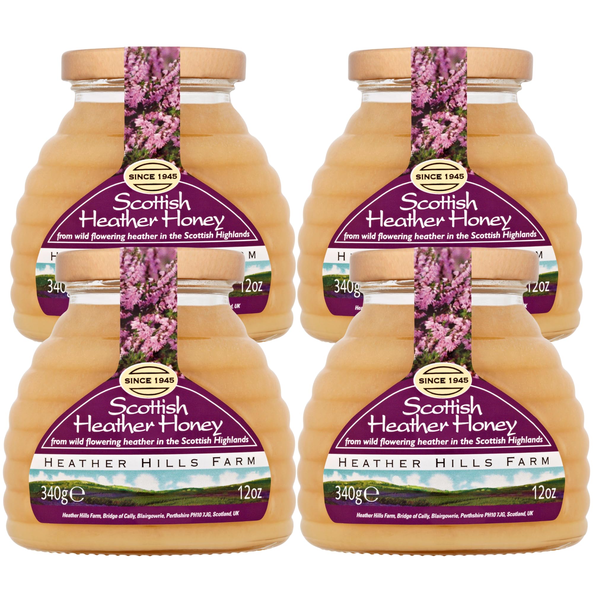 Heather Hills Farm Raw Scottish Heather Honey Jar 12 Oz (Pack of 4) - Highland Wild-flowering Purple Ling Heather Artisanal Pure Natural Honey, Traditional British Food Gift & Spread, Made in Scotland