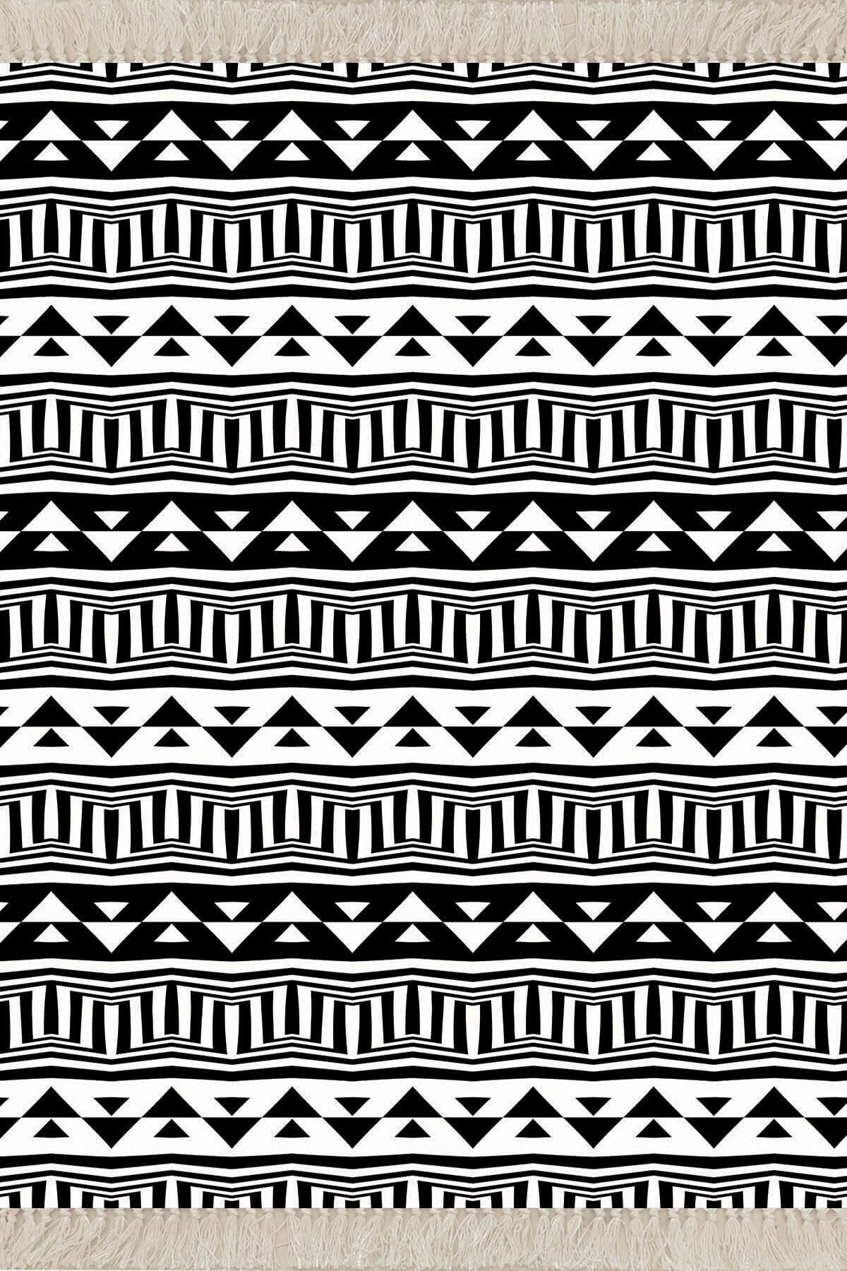 Pelangi Geometrik Desenli Siyah Beyaz Dijital Baskı Yıkanabilir Kaymaz Taban Salon Halısı Ve Yolluk, Siyah-Beyaz 100 x 100