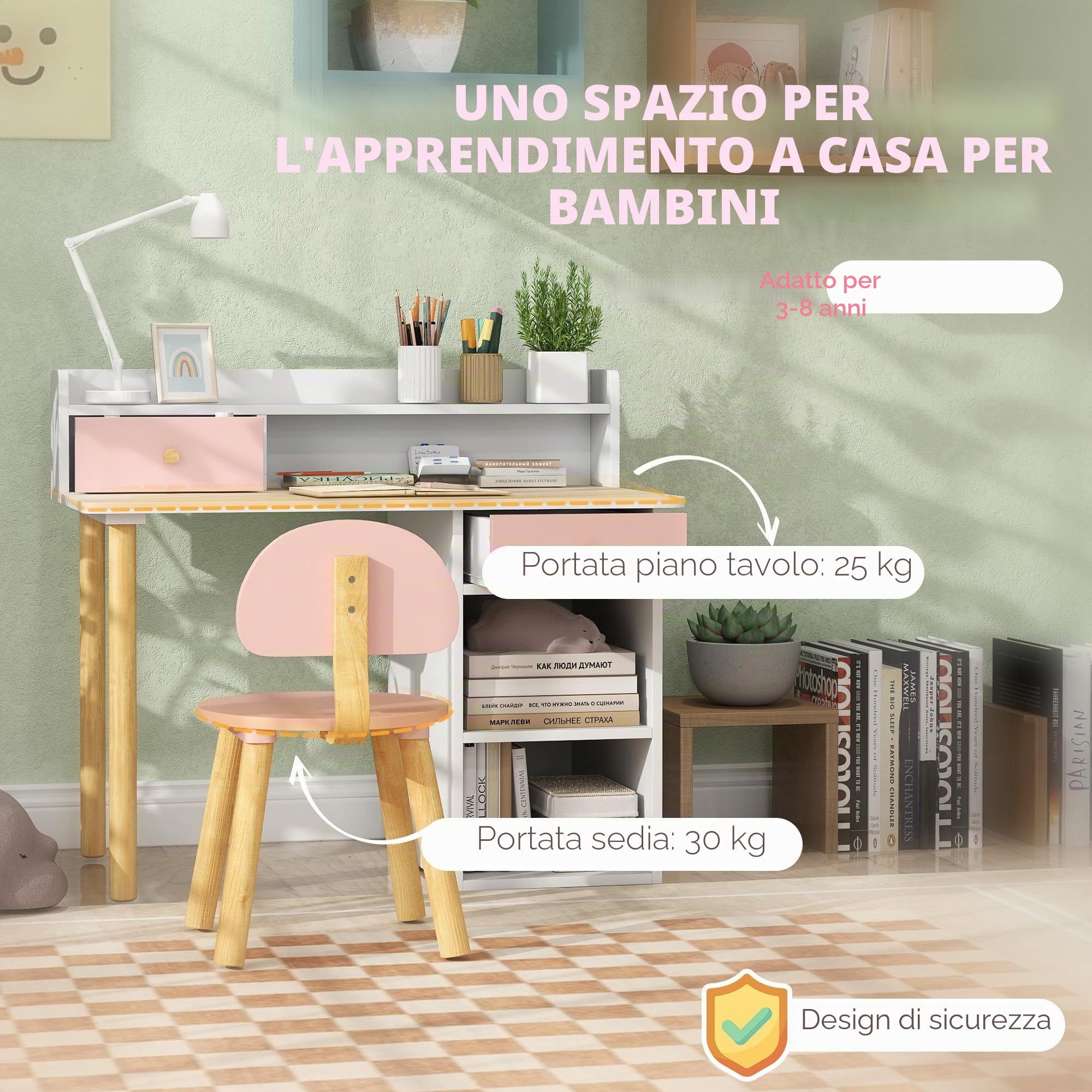 AIYAPLAY Set di scrivania e sedia per bambini +3 anni Scrivania per bambini con cassetti, scomparti e ripiani per la camera da letto e la sala studio Rosa e bianco