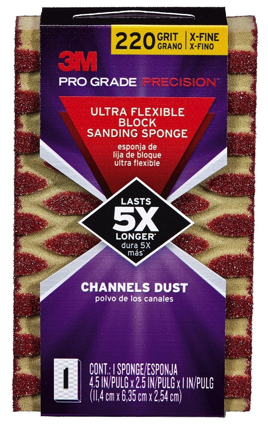 Pro Grade Precision Ultra Flexible Block Sanding Sponge, 4.5 x 2.5 x 1-Inch, 220-Grit, X-Fine