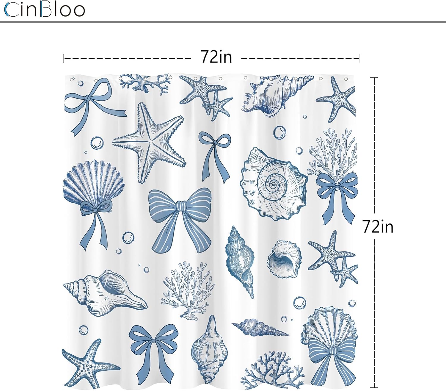 Cinbloo Blue Ocean Beach Seashell 72Wx72H Shower Curtain Cute Bow Starfish Kids Coastal Coral Beachy Theme Coquette Teens Girls Bathroom Curtain Set Modern Summer Bath Bathroom Accessories Decor