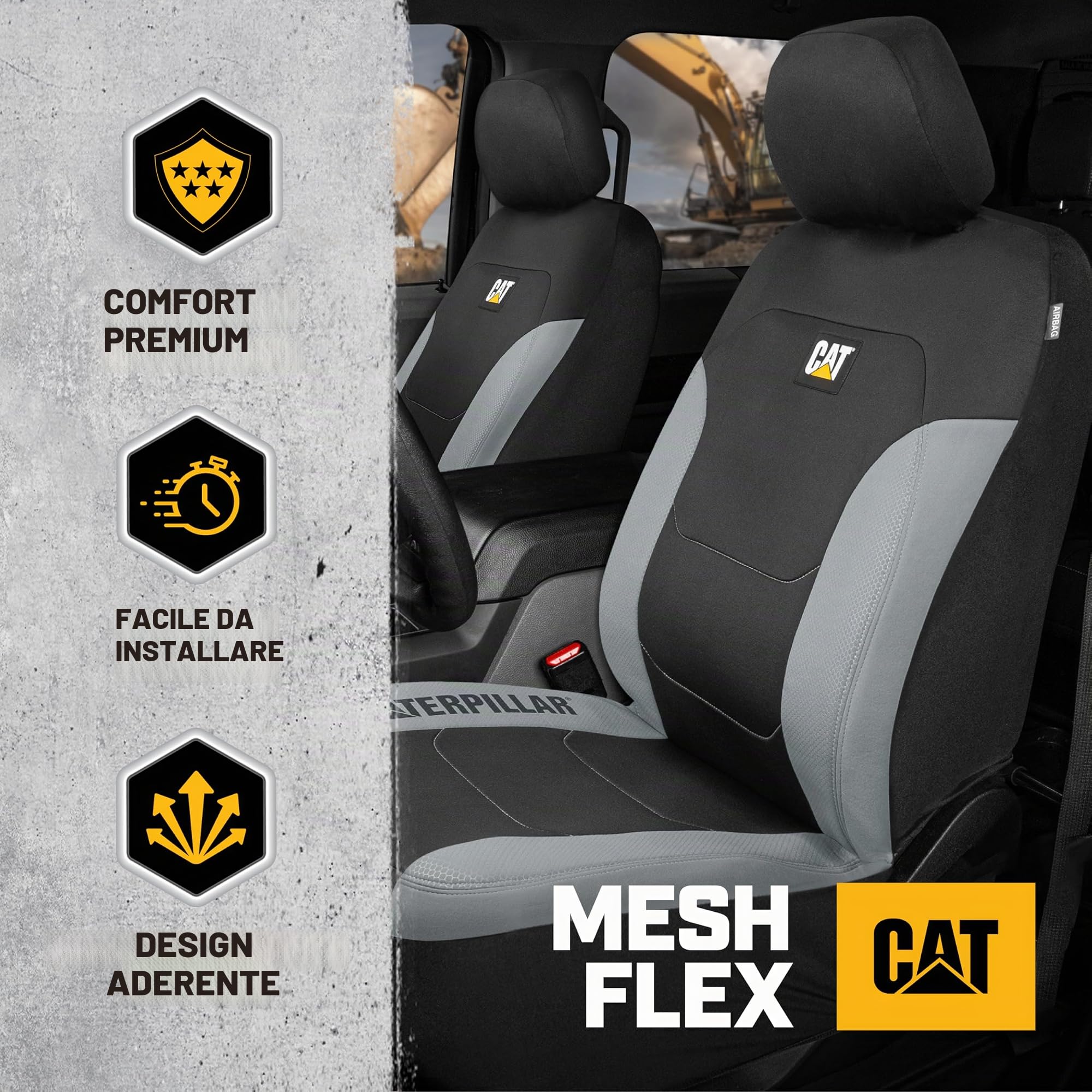 CA&T CAT erpillar Flexfit Coprisedili per auto, camion e SUV (set da 2) – Coprisedili neri per sedili anteriori, protezione per sedili con bordo grigio a nido d'ape, coperture interne auto