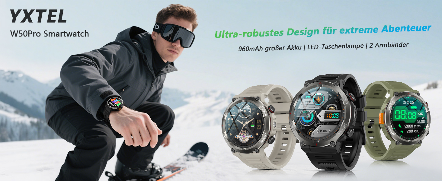 Militär Smartwatch Herren W50pro – 1.45" Display, 100 Tage Akku, IP68, Kompass, Taschenlampe, Bluetooth-Anrufe