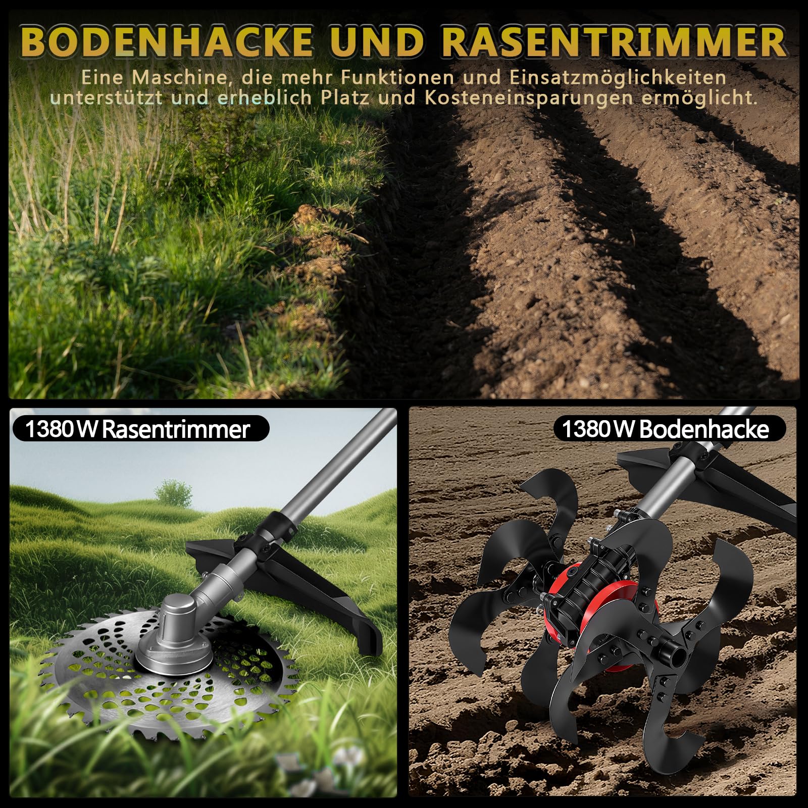 2-In-1 Akku-Bodenhacke Motorhacke mit 2 Akkus | Elektrisch Bodenfräse | 680 U/Min Bürstenloser Elektro Gartenfräse mit Arbeitsbreite 23 cm und Arbeitstiefe 25 cm für Rasen/Garten/Bodenbearbeitung