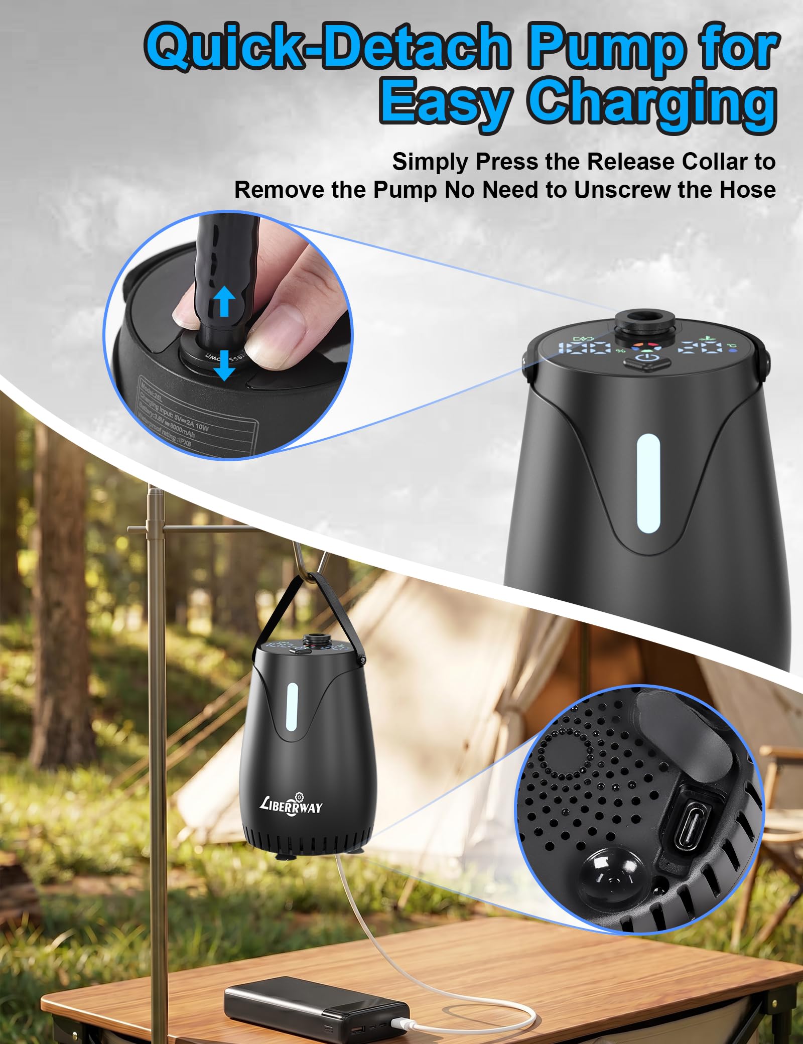 LIBERRWAY Camping Douche Portable Douches de Randonnée Voyage avec 3-Ans de Garantie pour la Batterie Rechargeable, Pommeau Douche Tuyau Pompe Douchette