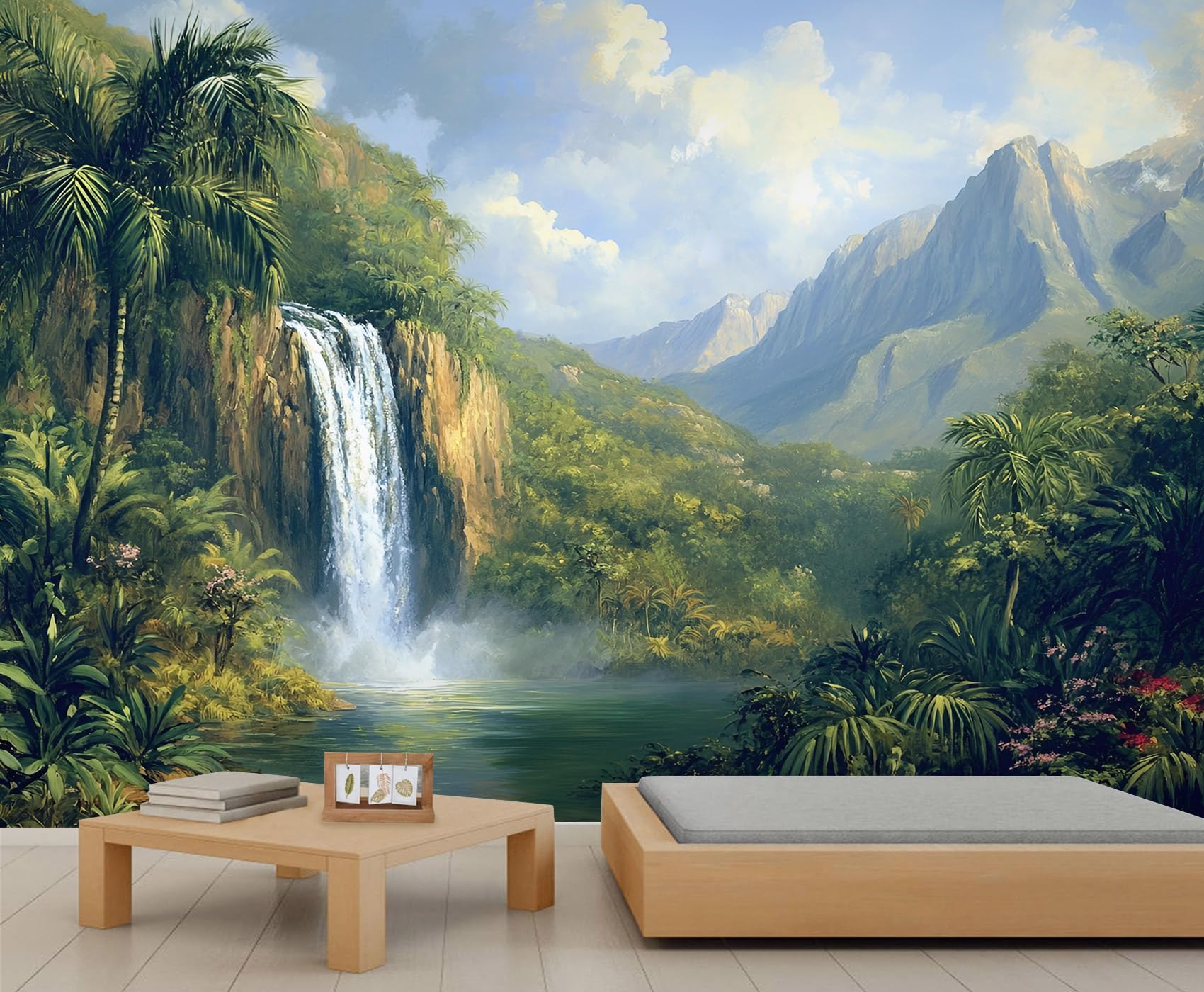 Nature Landscape Wall Mural 300x210cm Waterfall Mural Forest Mountain Wallpaper for Living Room Bedroom Natural Scenery Wall Decor (Not Peel n' Stick)