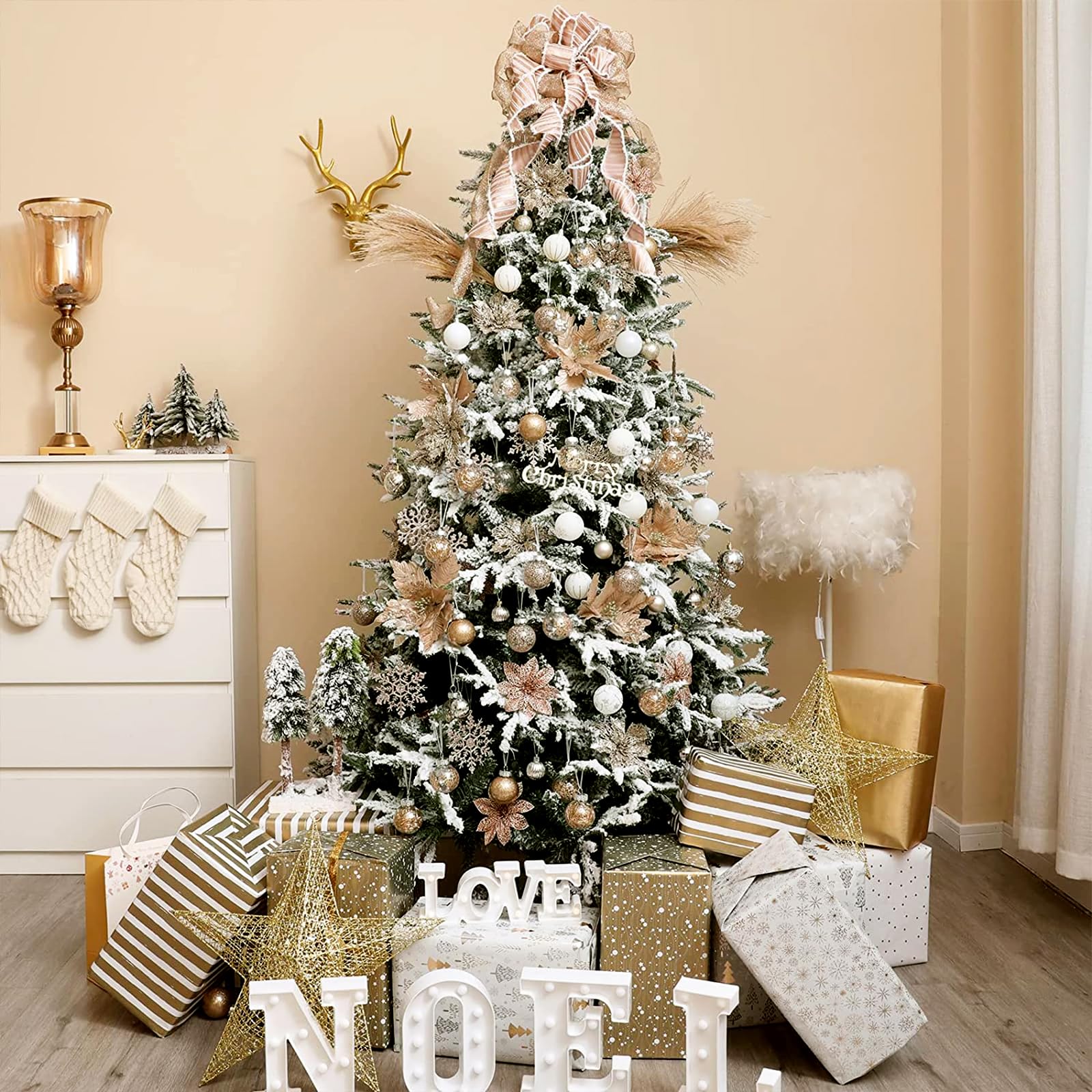 Juego de 30 Bolas de Navidad de plástico Transparente inastillables de 2.36 Pulgadas con Relleno Delicado Brillante, Decoraciones Colgantes para árbol de Navidad (Oro champán)