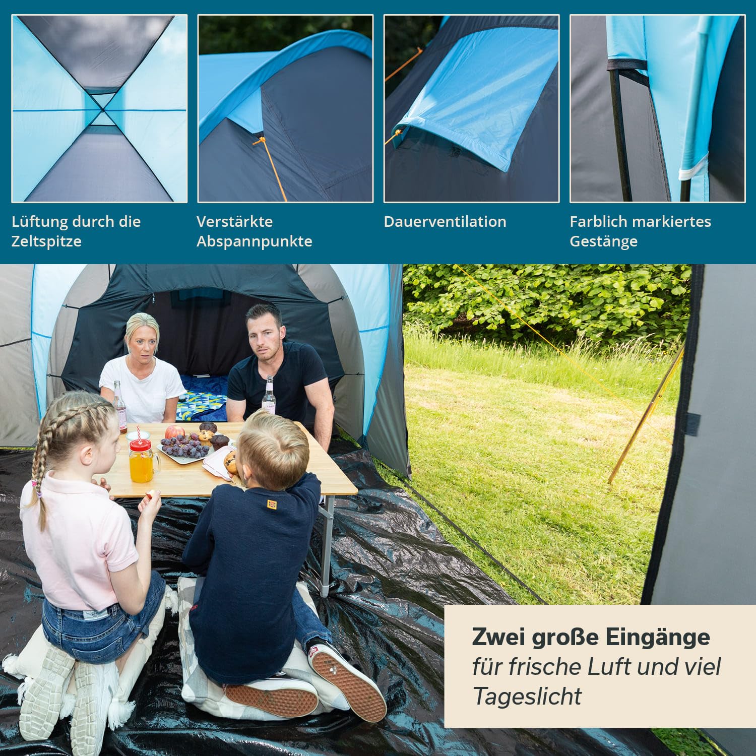 Skandika Kuppelzelt Hammerfest 4/4+ | Camping Zelt 4 Personen mit/ohne eingenähtem Zeltboden, mit/ohne Sleeper Technologie, 2 Kabinen, 2 m Stehhöhe, wasserdicht, 3000 mm Wassersäule | Campingzelt