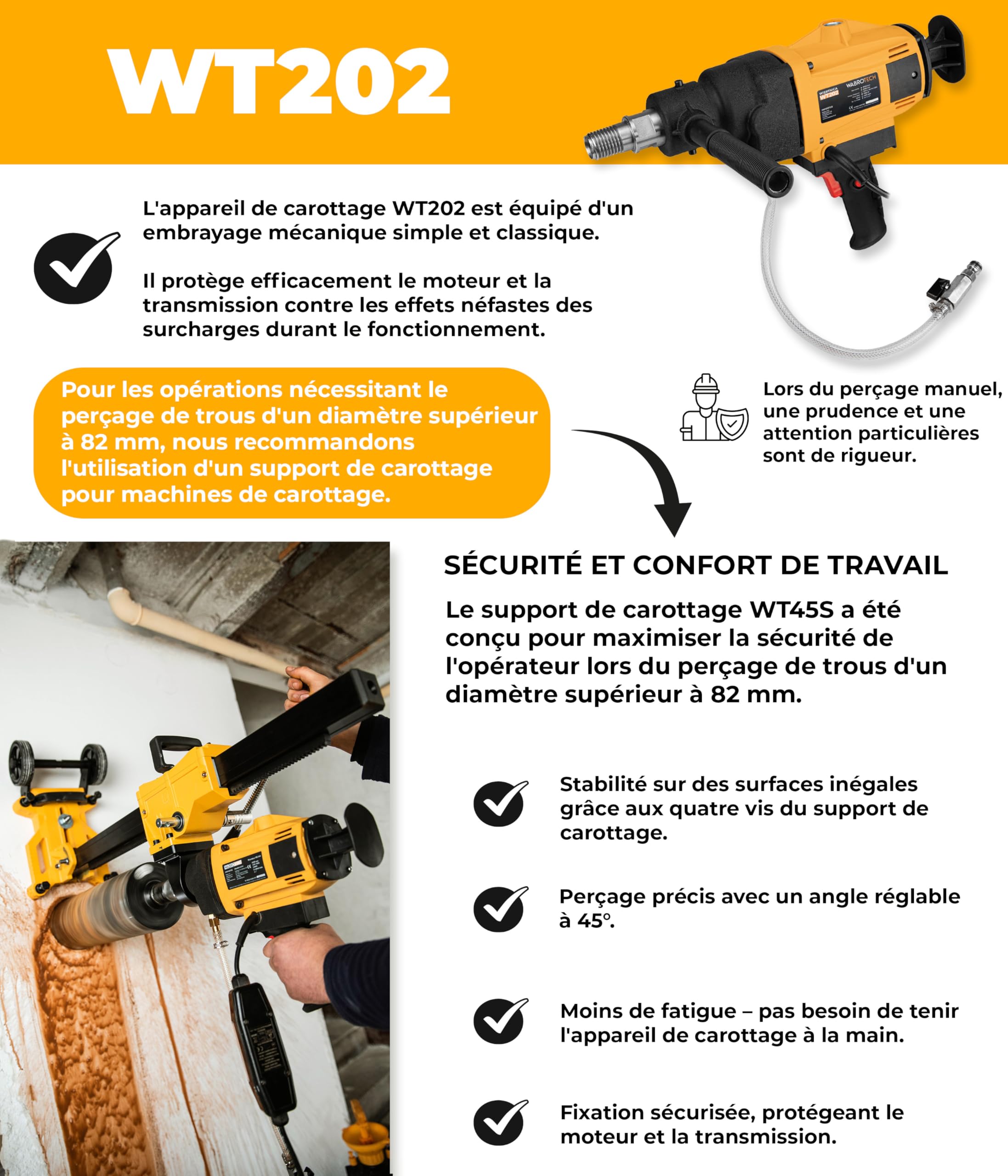 Carotteuse à Main 2300 W sur Support de Carottage Inclinable avec Roues - Carotteusee Diamant avec PRCD - Carotteuse Mains Libres 1400 TR/min pour Forage à Eau et à Sec - Ø Alésage 22-202 mm