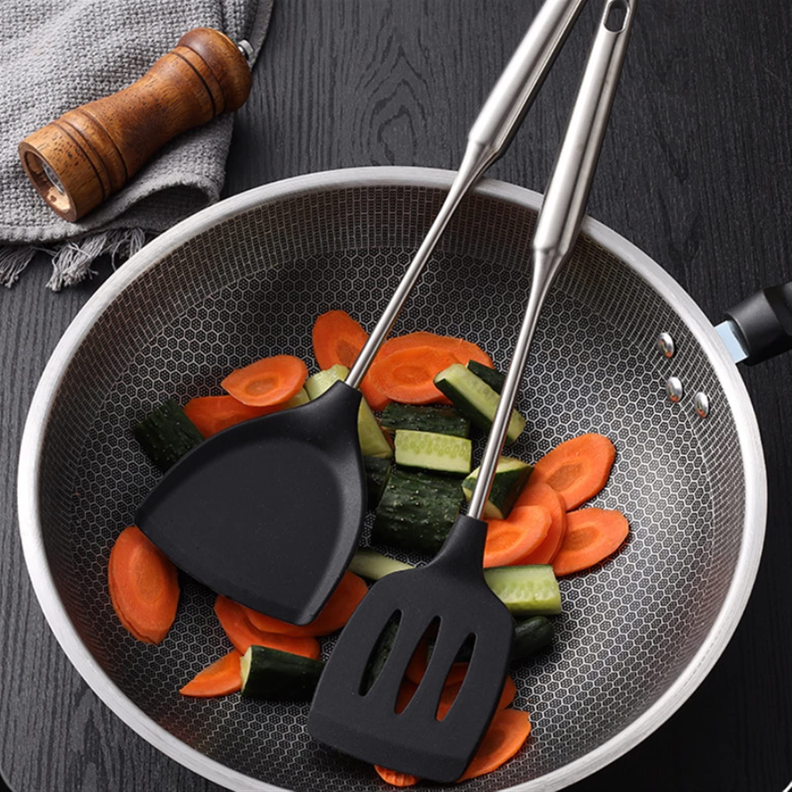 Casa e cucina Spatola for friggere in silicone for uso alimentare Manico in acciaio inossidabile for uso alimentare Set di utensili da cucina antiaderenti Cucchiai da cucina Spatola(Soup spoon)