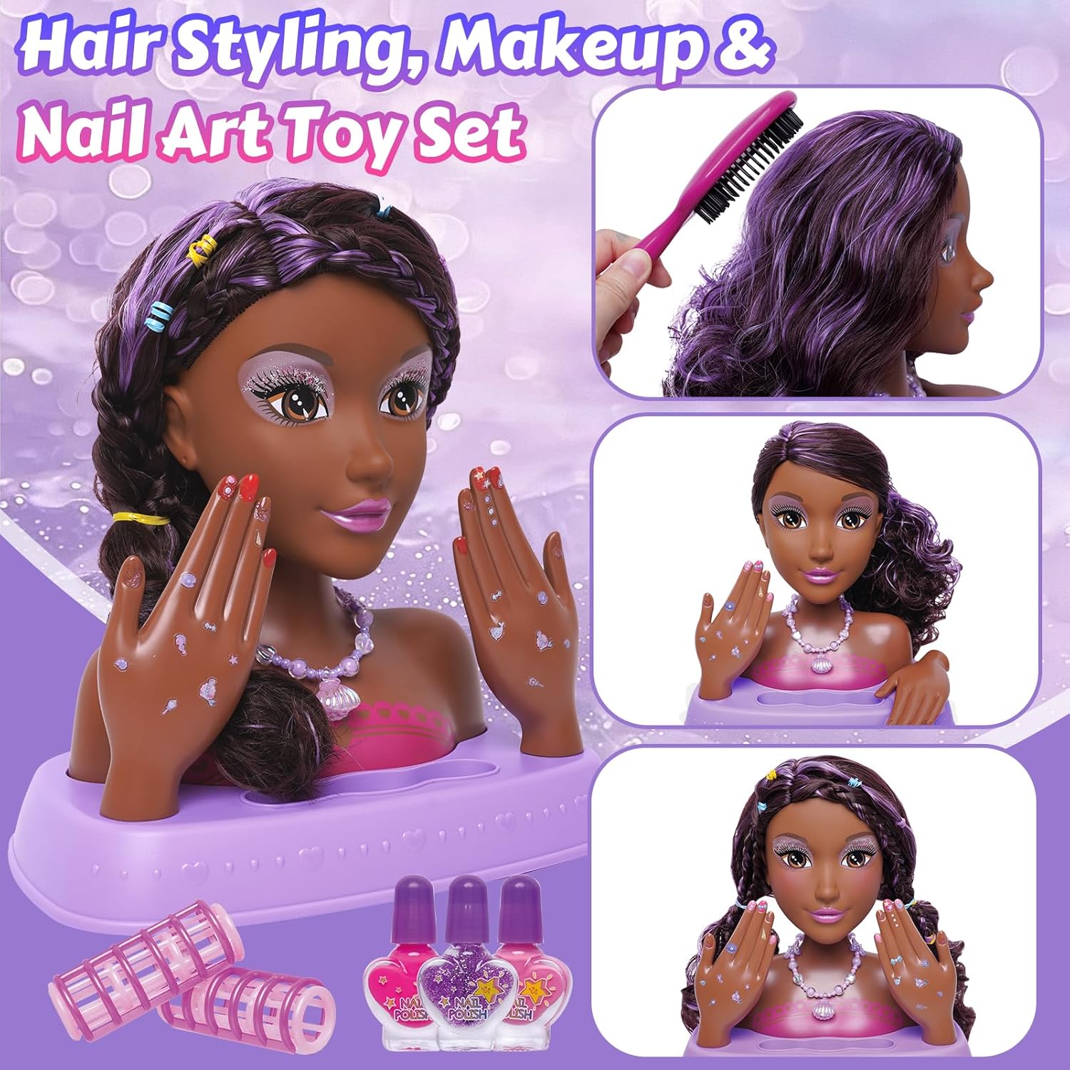 Hair Styling Doll Head 10.5-inch with Real Washable Makeup & Nail Polish, 20+ Accessories Pretend Play Hair Salon Toy & Makeup Kit for Kids–Christmas, Birthday Gifts for Girls Ages 3 4 5 6 7 8 9 10 +