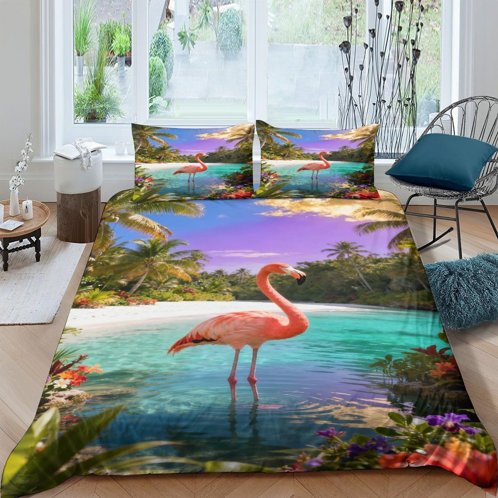EMYXPAQM Flamingo Duvet Cover Set 3D Tropical Island Print Bedding Set Ultra Soft Microfiber Duvet Cover with Hidden Zipper & Pillowcase for Kids Adults Double（200x200cm）
