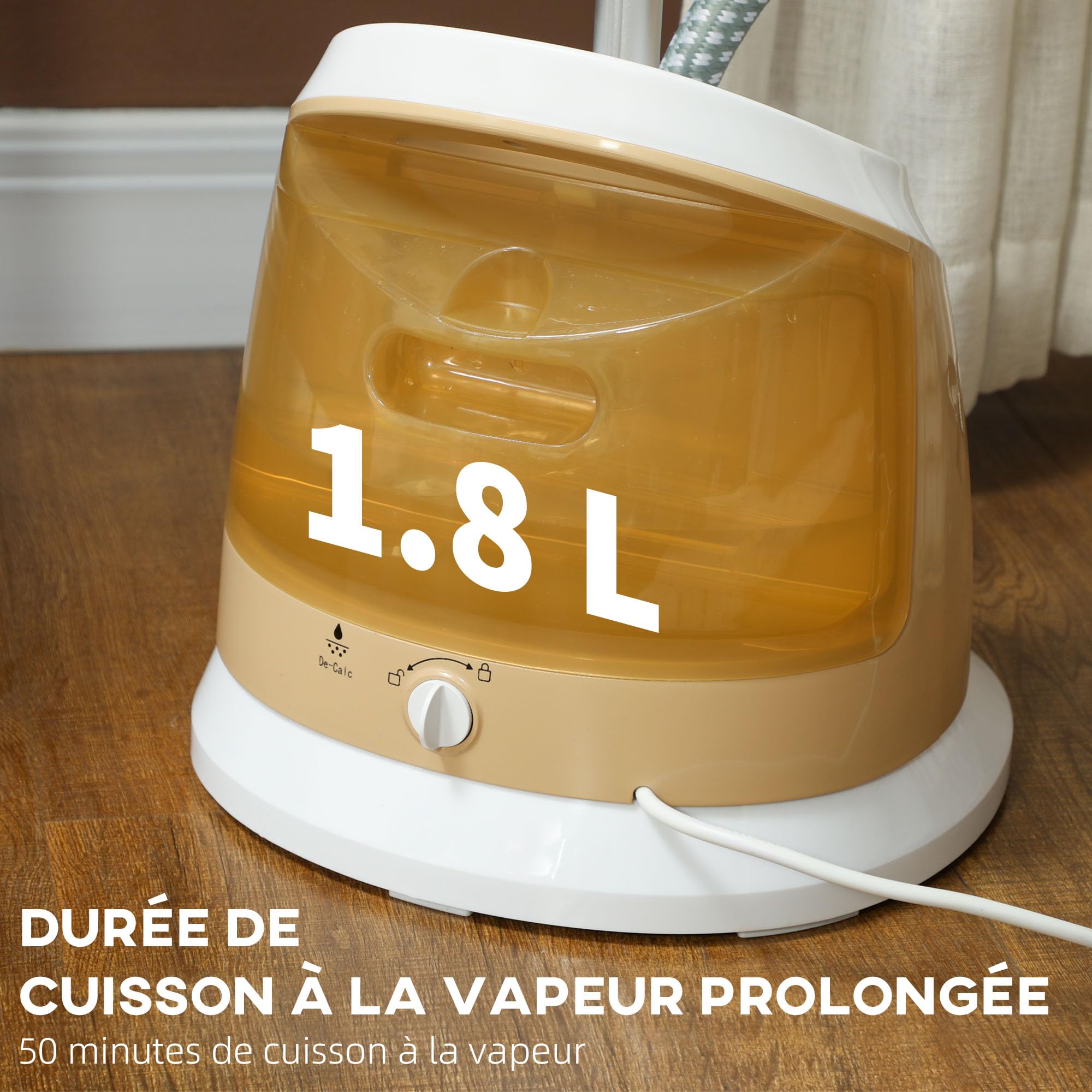 HOMCOM Défroisseur Vapeur Vertical 1800 W 36 g/min, Steamer Prêt en 35s, Repasseur avec Réservoir d'Eau 1,8 L, Tige Télescopique et Plateau Aluminium, Autonomie 50 min, Or