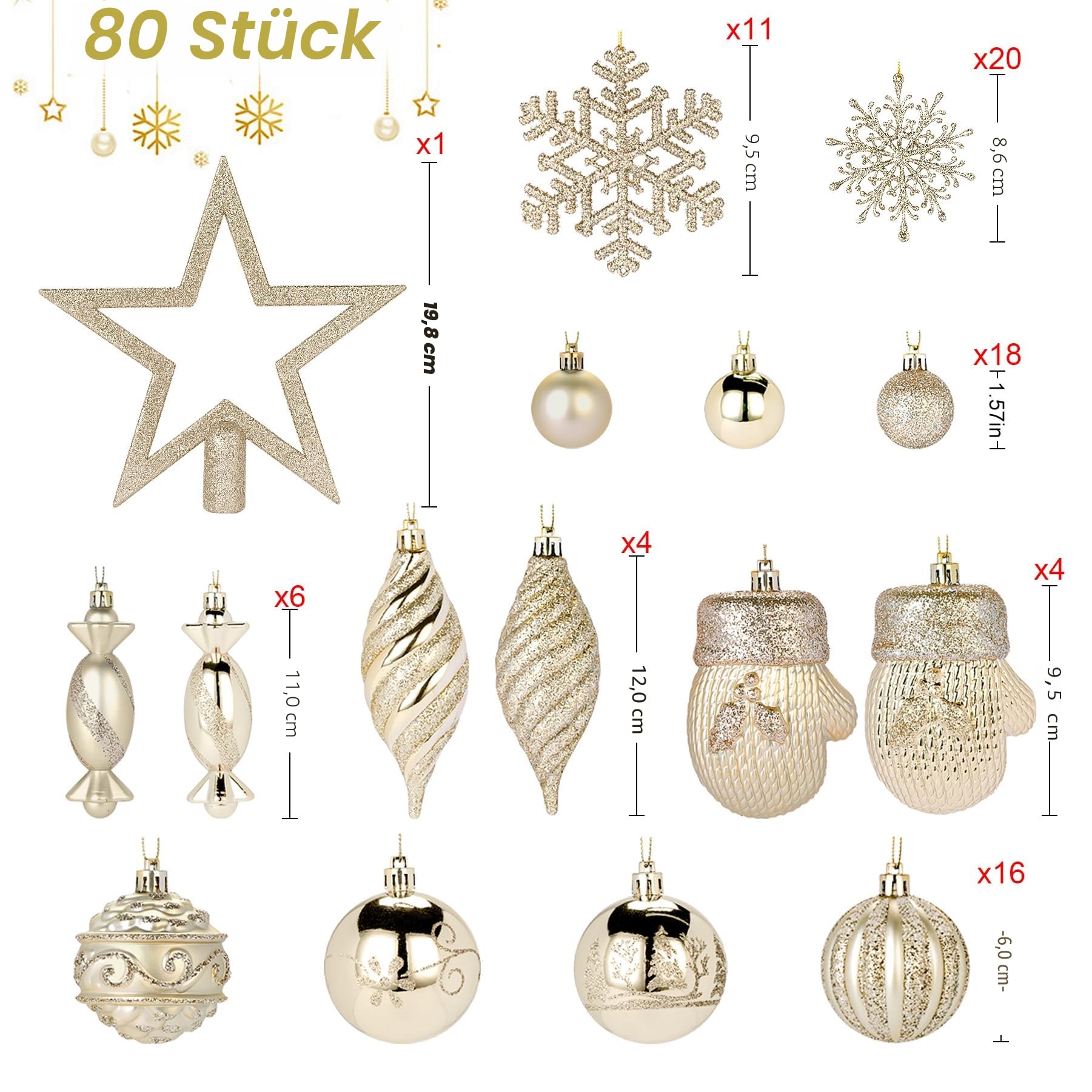 Alupssuc 80-teiliges Set mit Weihnachtskugeln in verschiedenen Formen mit Haken, Christbaumschmuck, bruchsichere Kunststoffdekorationen für Feiertage, Partys und Hochzeiten, Champagner-Gold