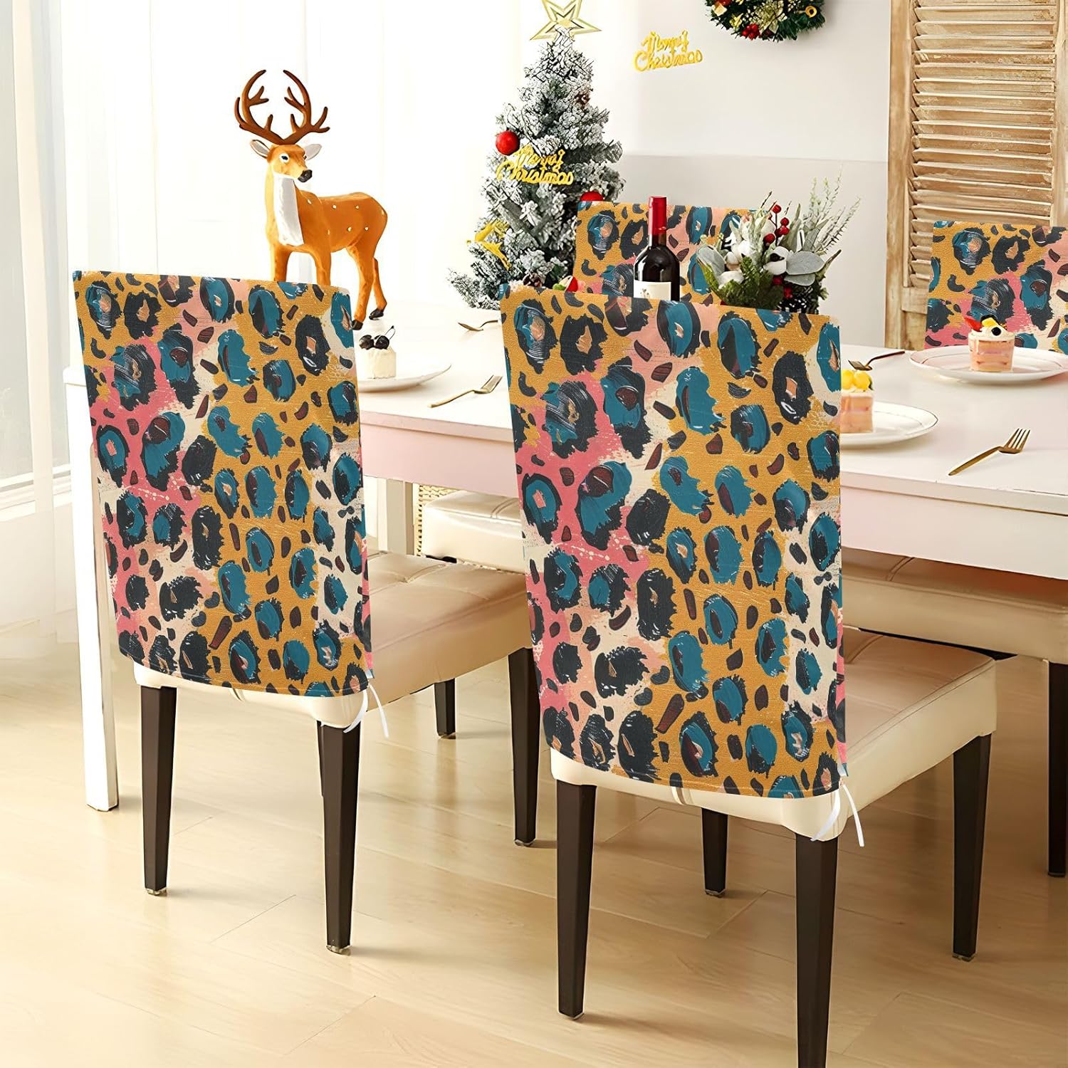 ALAZA Colorful Leopard Spots Geometric Chair Back Cover Set of 6, Washable Reusable Removable Chair Slipcovers Decorative Chair Cover for Home Kitchen Wedding Party