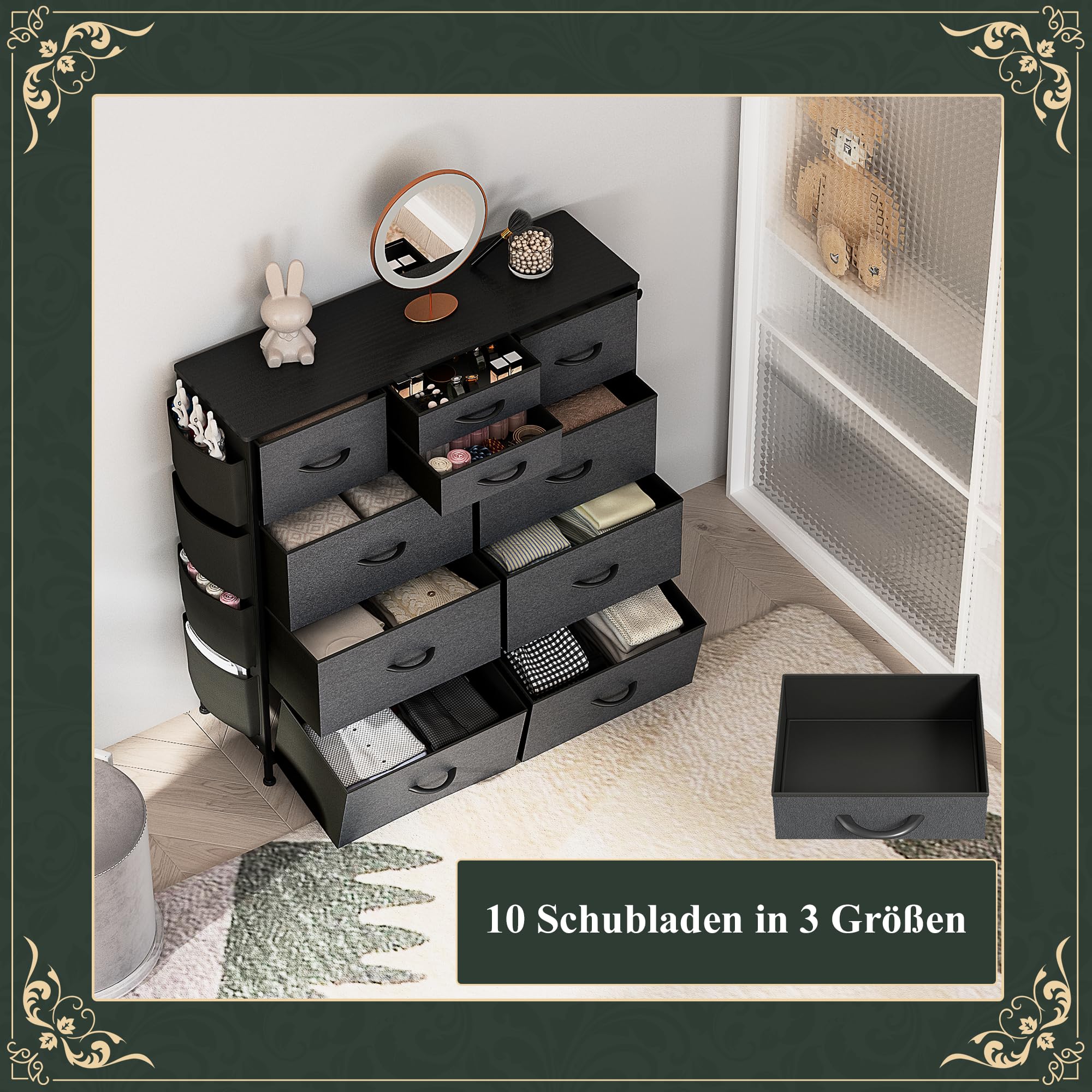 Kommode mit 10 Stoffschubladen, Komodenschrank mit Seitentaschen und Haken, Holzplatte und Metallrahmen, Stoffkommode für Schlafzimmer, Wohnzimmer, Flur, Kinderzimmer (Dunkelgrau)