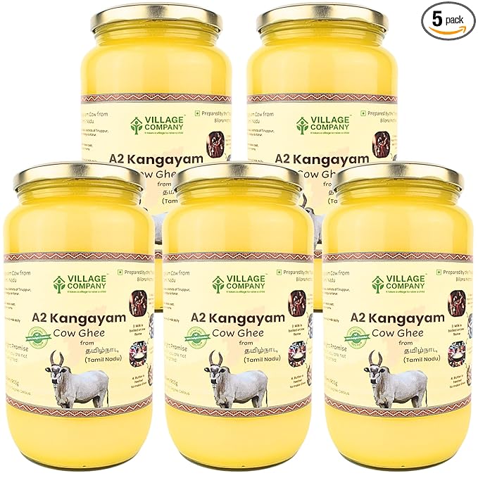 Village Company A2 Bilona Desi Cow Ghee | Bilona Method | Premium, Organic, Traditional | Grass Fed | Kangayam Cow | Lab-Certified | 1 Ltr (Pack Of 5)
