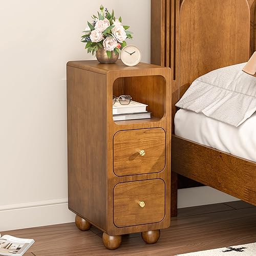 Miniatura 10 de Mesita de noche de madera maciza, mesita de noche estrecha con cajones, mesita de noche moderna blanca de mediados de siglo, mesa auxiliar pequeña