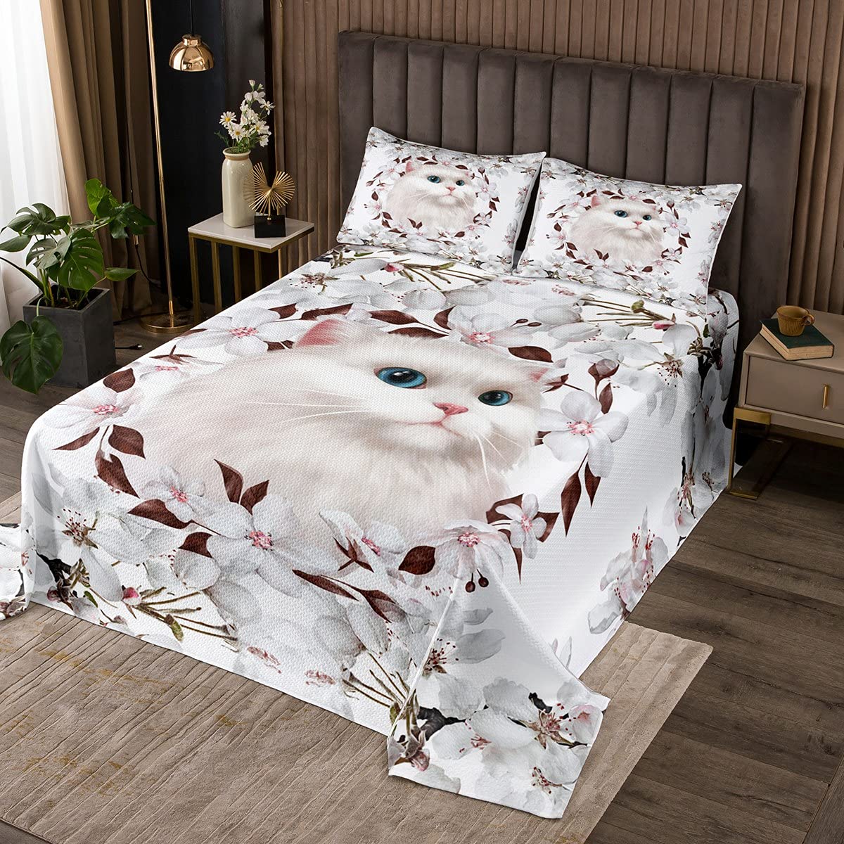 Linda colcha acolchada con diseño de gato, con flores de cerezo, para niños, niñas, adolescentes, floral, para mascotas, gatos, juego de ropa de cama de regalo para amantes de los gatos, tamaño King