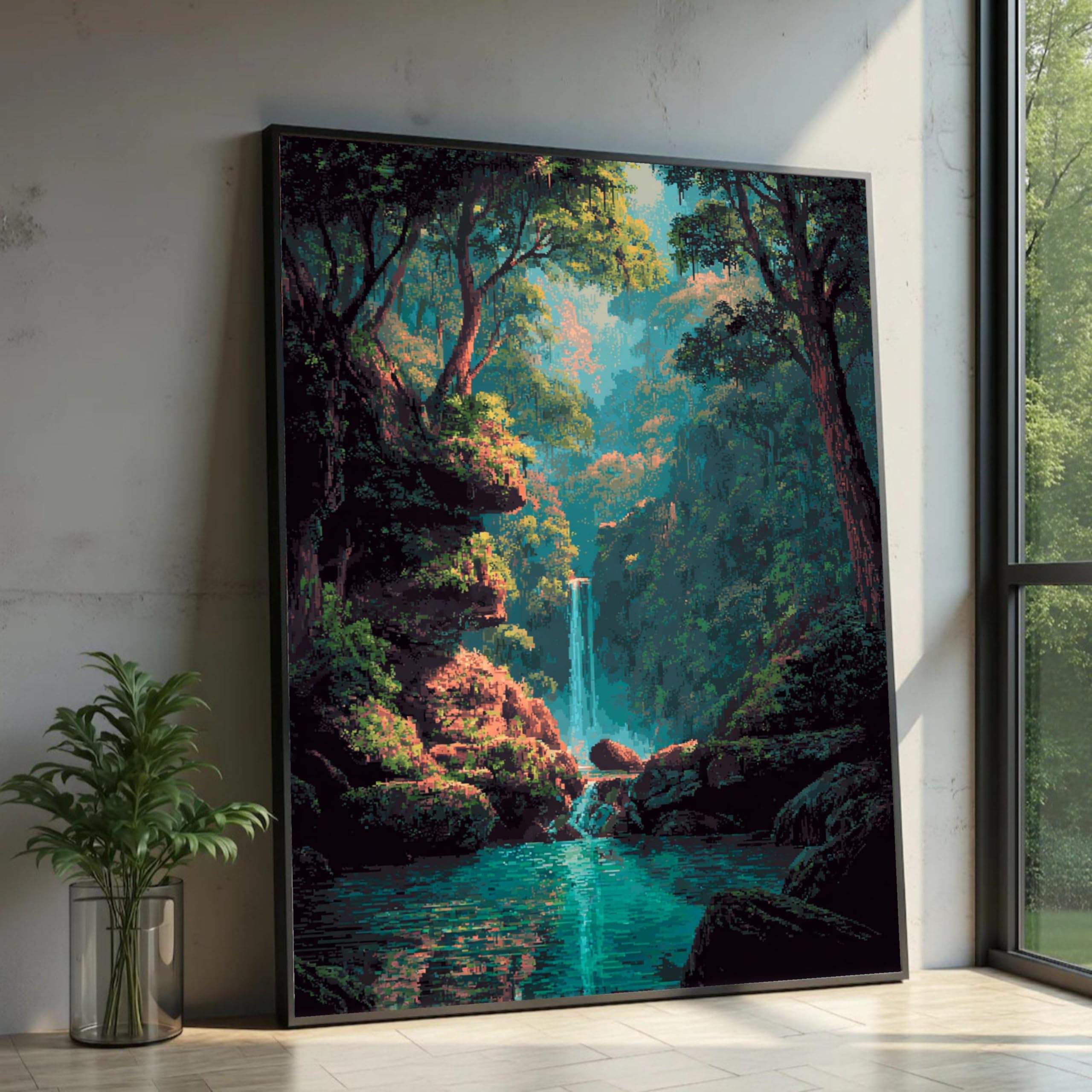XINBAO Lush Forest Waterfall Canvas Print, Serene Nature Wall Art, Large Canvas Wall Art,for Home Decor sized Piece Painting(21x30cm/Frameless)