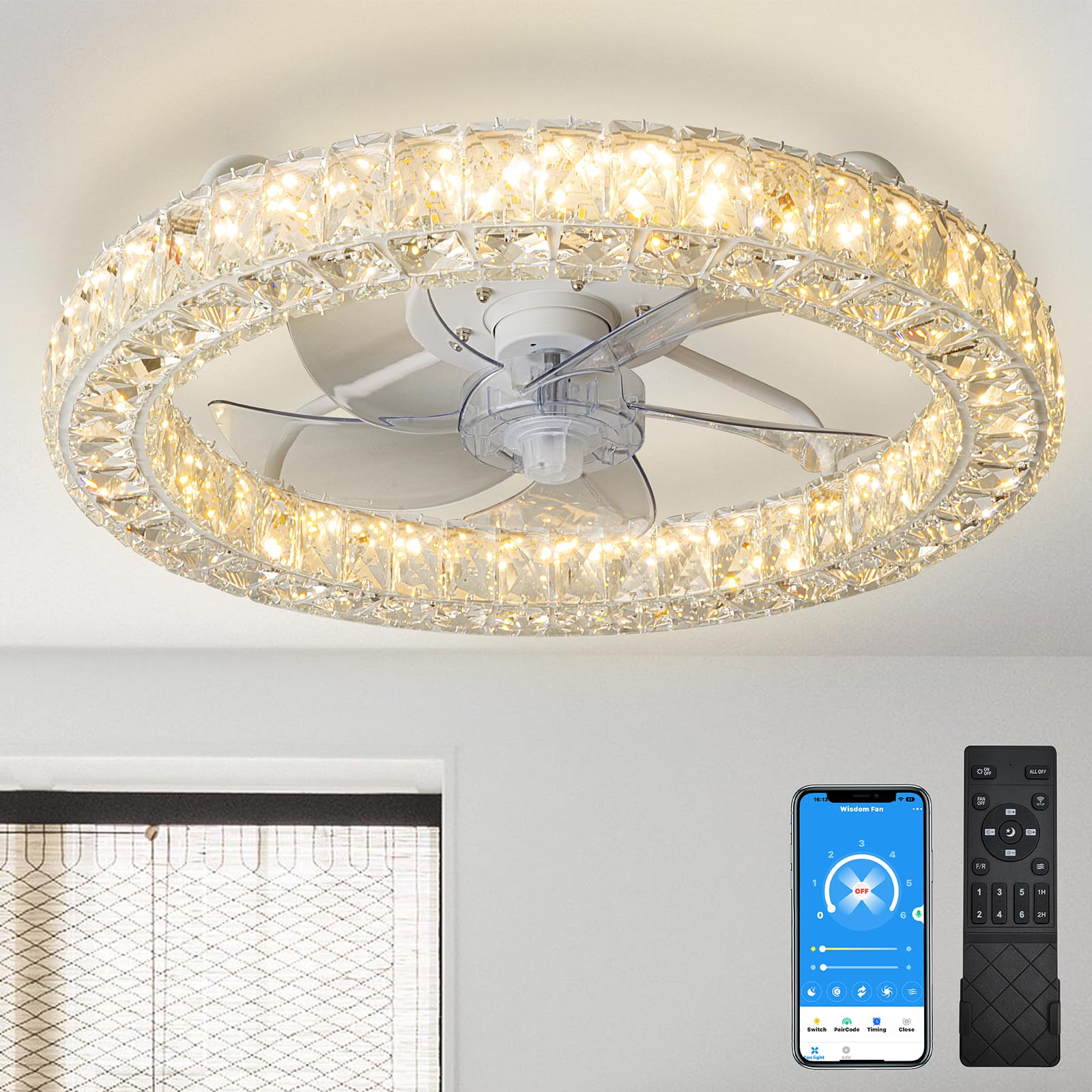 HSC Flush Mount Ceiling Fan With Light: Crystal Low Profile Ceiling Fans Lighting APP & Remote Control - 6 Speeds Reversible Timer Modern Dimmable Design For Bedroom Living Room Kitchen - White